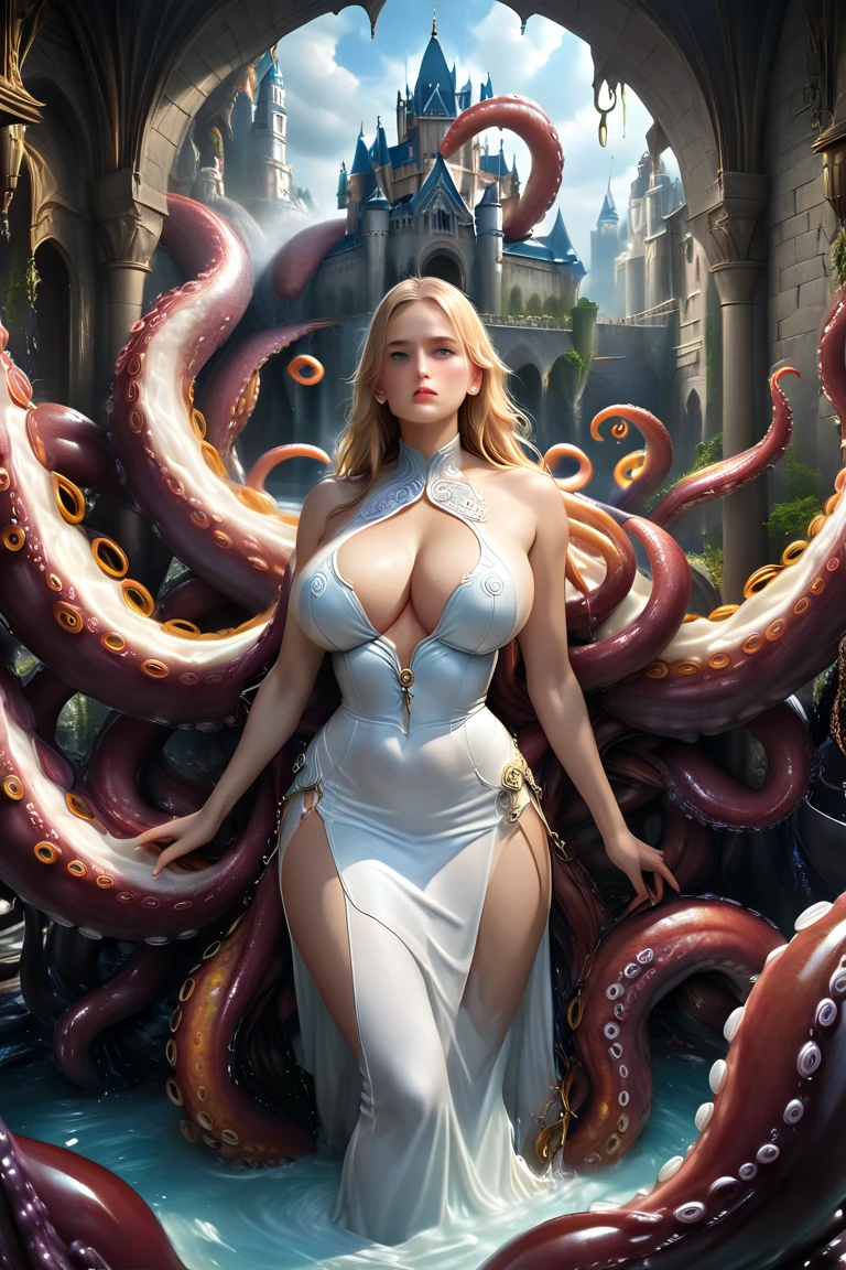 Elven queen, naked, gigantic breasts, hourglass figure, milf, captured by tentacles, surrounded by cultists