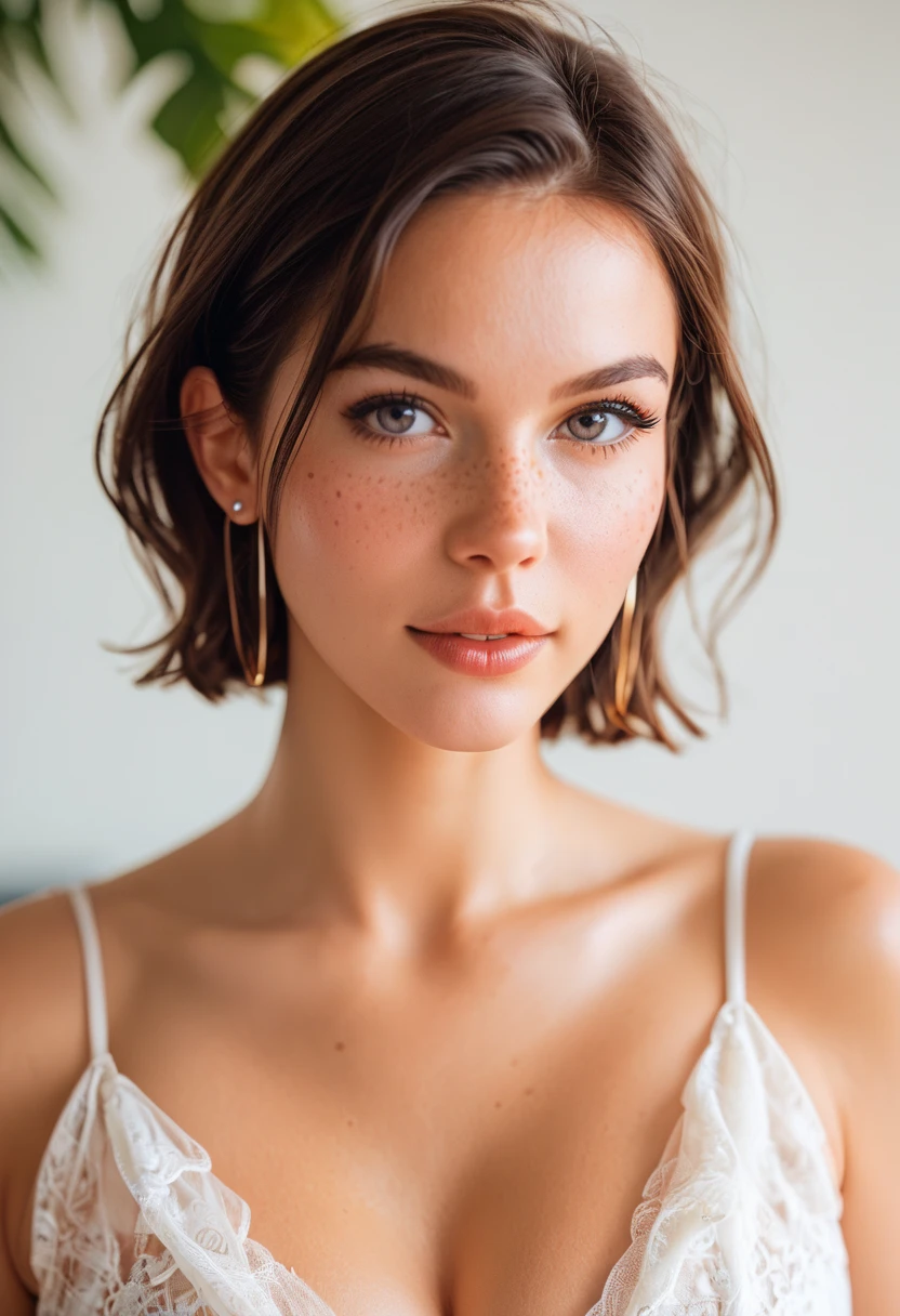 Mannequin 25 ans brune portrait vue de face, [[[[fermer]]]], [[[[poitrine]]]], [[[[cou]]]], [[[[shoulders]]]], yeux parfaits, Iris parfait, Perfect lips, des dents parfaites, Peau parfaite, Soft front lighting, briller, HDR, (couleurs sourdes:1.2)