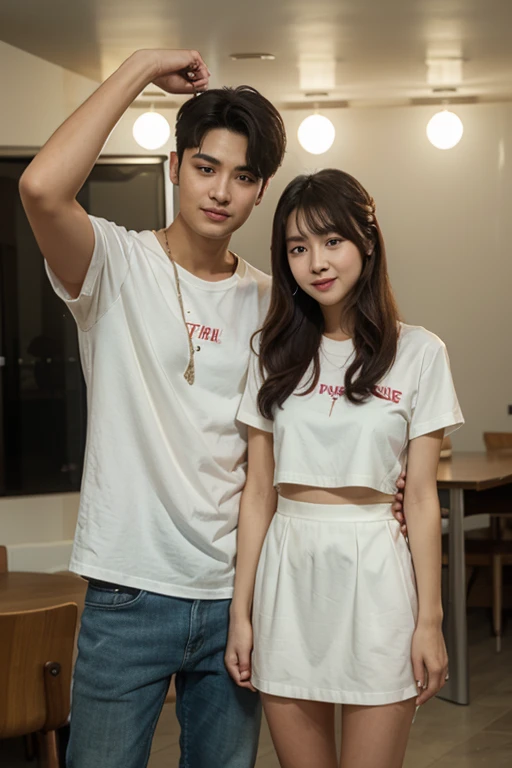 Cute 25 year old anime girl with short skirt standing next to 18 year old boy in pants 