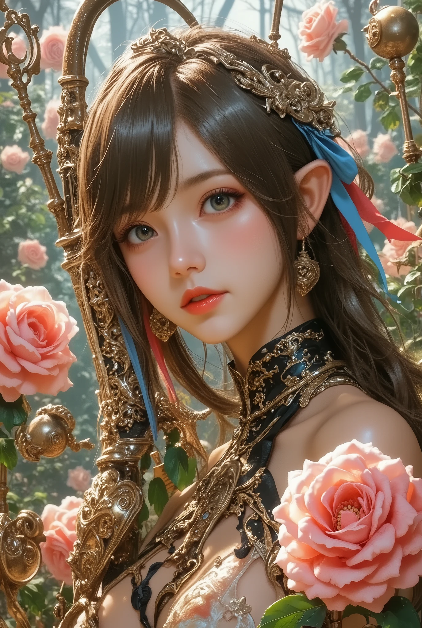charlie bowater&#39;Realistic lithograph portrait of a woman, flower, [gear], pipe, DIESEL PUNK, Multi Colored Ribbons , Old Paper Texture, very well detailed, in rose garden 
