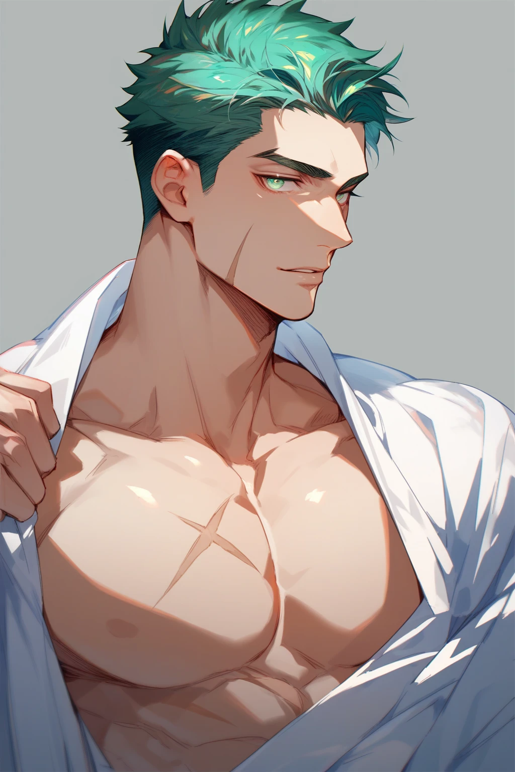 Adult guy, short dark green hair, cat ears, high ponytail, cyan eyes, combat kimono, left chest and left arm open, tattoos, fan, serious look, bow, masterpiece, high quality