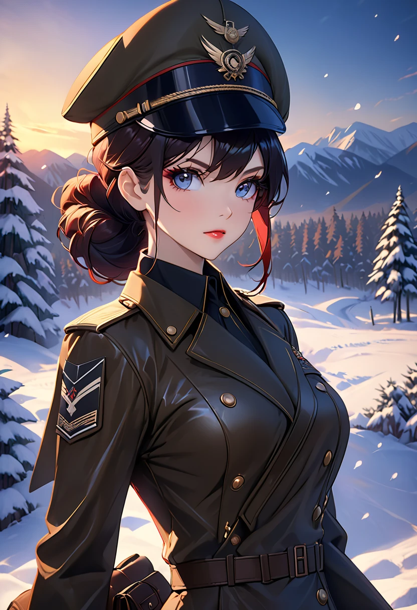 (best quality, master part, Melhor_qualidade, circunstanciado:1.5), Female Red Army Fighter (Russia, WWII): Wearing worn standard Red Army uniforms, and a faded flag patch of the Soviet Union, with brown hair styled short and sleek, paired with piercing blue eyes in an epic Russian landscape.