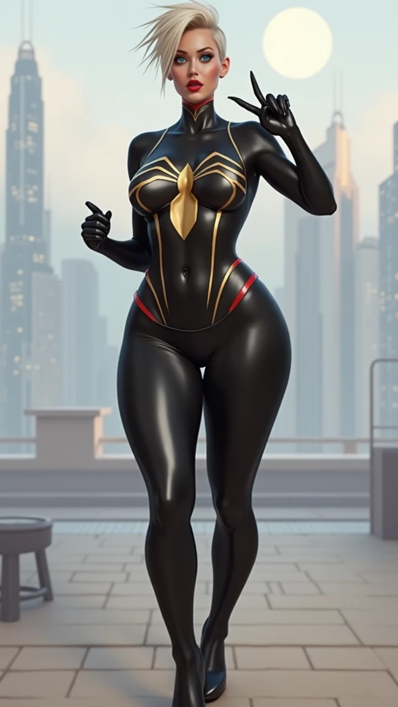Masterpiece, highest quality, details, black woman, African female, hunter, brown skin, warrior, modern, full body, green eyes, gun, city building, realistic, game avatar, sexy pose, brown leather body suit