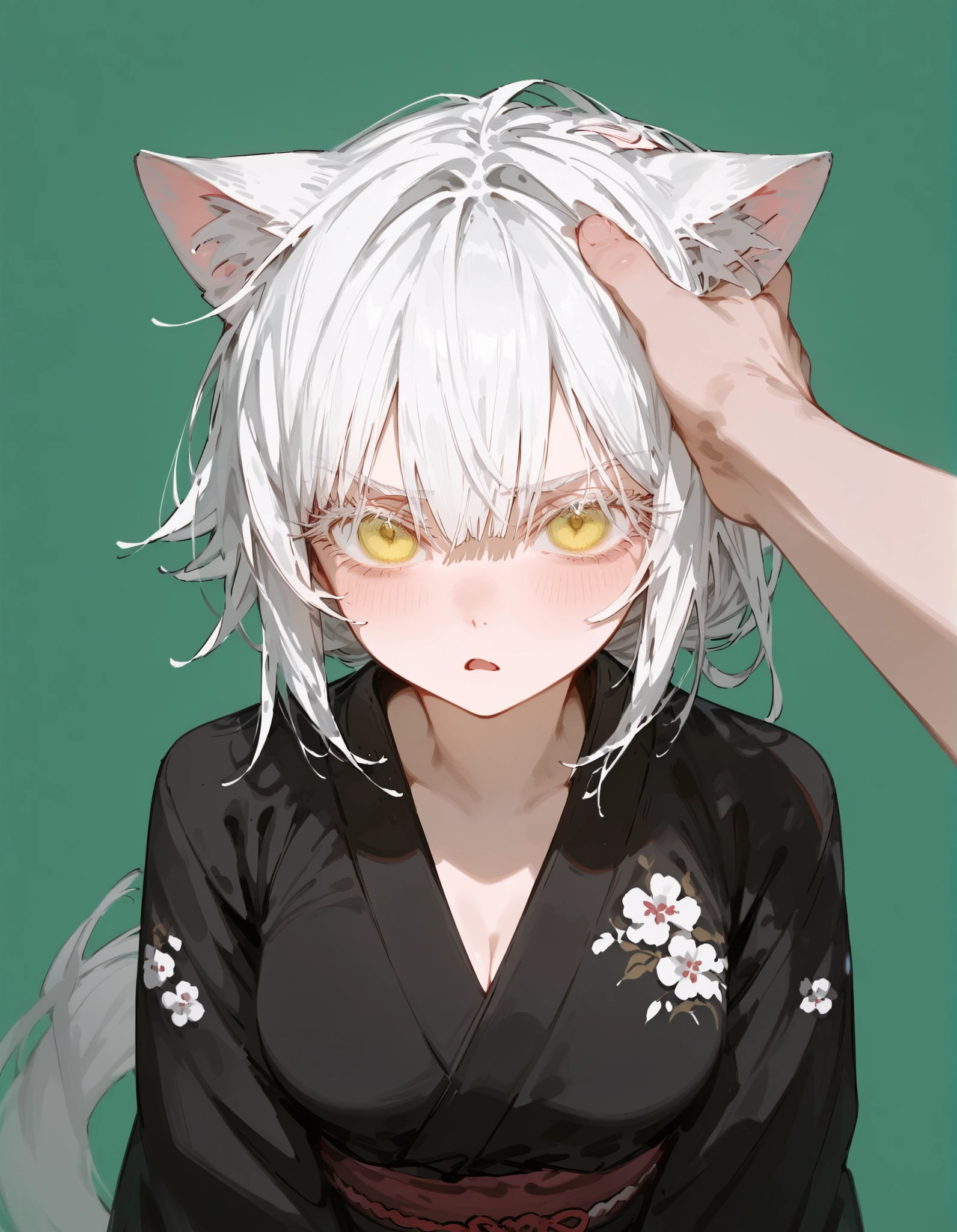 girl,Cat ears,in yellow eyes,long hair,cute,kimono,,green background, white hair,Long Eyelashes,Has a long tail,Hair pattern,serious page,medium breasts,slim,Tomboy, low ponytail , Ghoul eyes,Open your mouth,Fierce face,pov petting hair,shy,hand on head