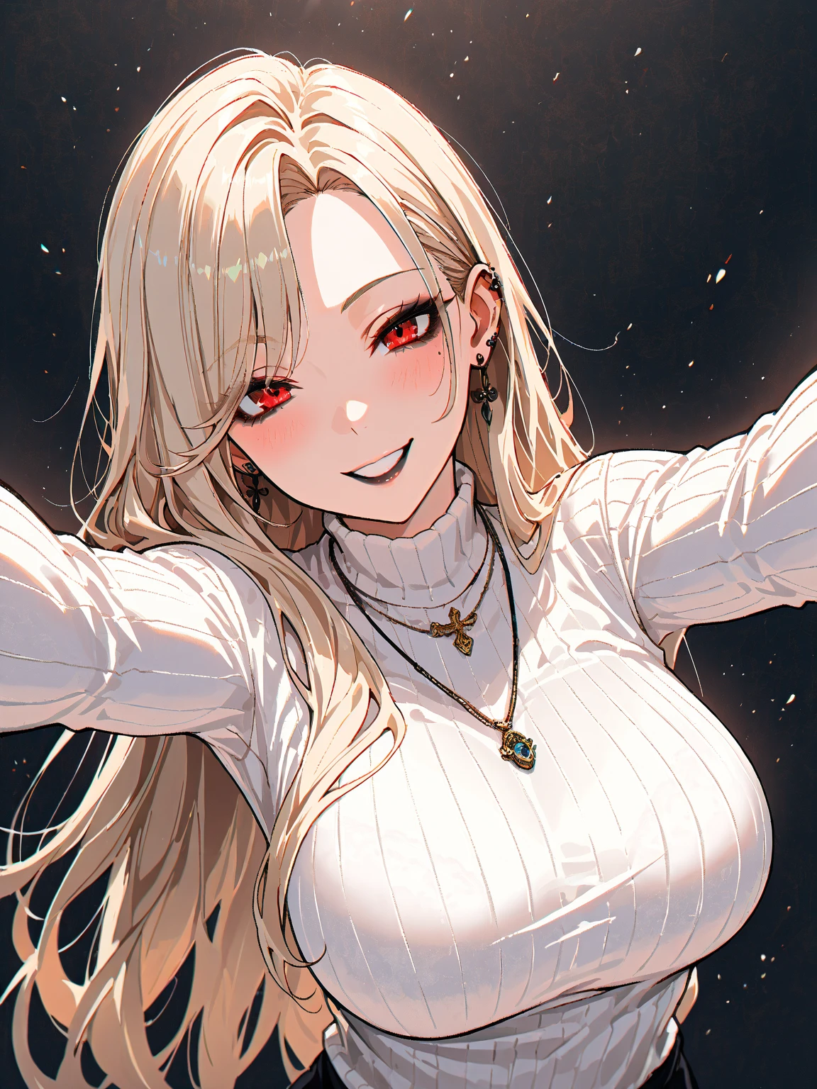 (masterpiece, best quality:1.2), (high resolution, 8K RAW photo, photo realistics, clear focus, thin outline:1.3), (natural lighting, textile shading), snap, pov, ((solo:1.37)), (1 matured woman, 24 years old, raised sexy), ((milf:1.5)), ((nfsw:0.8, fuge breast:1.3, sagging breast, big tits, breast cleavage, harass sexually, in heat:0.2)), ((Bright beautiful eyes with highlight:1.3, fine detailed eyes, high detailed pupils)), beautiful girl wearing winter outfits:1.5, ((cute girl playing around in the falling snow:1.5, dancing, stepping, with fluttering:1.2, turnning, spinning, spreading legs, opening arms widely, fluttering hair)), ((winter outfits, wearing light orange winter coat:1.2, winded winter coat, cable knit sweaters, skinny denim:1.5, knit scarfs around neck, tihg_length long boots1.1)), your body decorated with fallen snow, in the snow, (looking at viewers, with seductitve smiling, half-closing eyes), ((little opening mouth:1.37)), silver based purple meshed hair, medium long hair, hair over one eye, asymmetric hair, side rock, blue eyes, (Luxury detailed accessories, necklace, earrings, Bracelets), bokeh, dutch angle, close-up face:1.5, full body, ankle focus, ((from side below:1.5)), ((full bodiEsbian, correct anatomy:1.6, perfect anatomy:1.3, ideal ratio of body proportions, correct hand:1.5, small hands)), outdoors, in a snowy forest, snow covered ground, trees decorated with snow, floating snowflakes, 