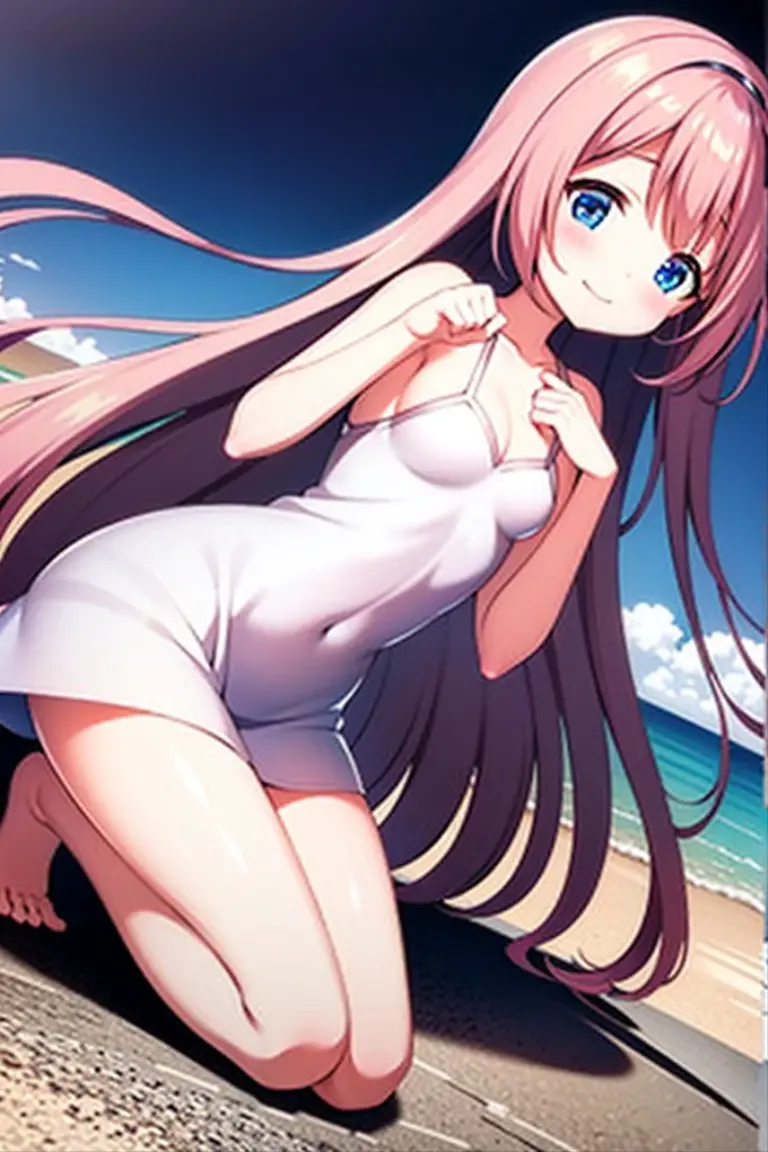 Himari Meimei, masterpiece, Voluptuous thighs, petit body, little young girl, flat chest, {1 Girl}, Cute and erotic smile, Highly detailed sparkling blue purple eyes, summer night, 困り眉, brilliant pink hair, lying on beach bed, completely nude, nsfw, squatting, showing off childish pink vagina, low-angled