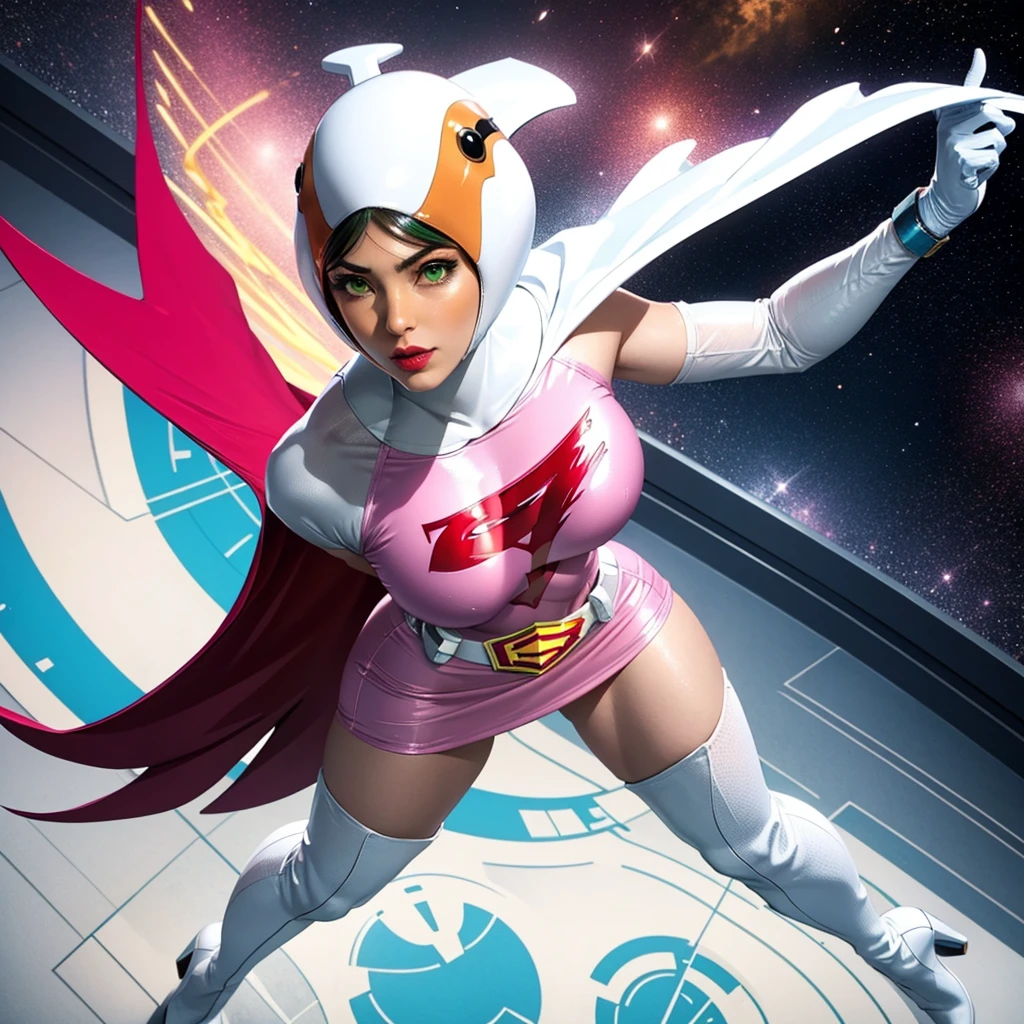 ANI_CLASSIC_jun_gatchaman_ownwaifu, 1girl, 18-year-old,Excellent anatomy, masterpiece, highest quality, Realistic, hyperRealistic, 16K HDR,
Long Hair, chest, Green Eyes, lips, large chest, lipstick, compensate, gloves, Cape, Helmet, belt, elbow gloves, white gloves, mask, Ultra mini skirt, leotard, Spacesuit, White legwear, Pink Dress, Superhero, Bodysuits, (Fighting Pose,kick:1.3), Spaceship, Raise your hand