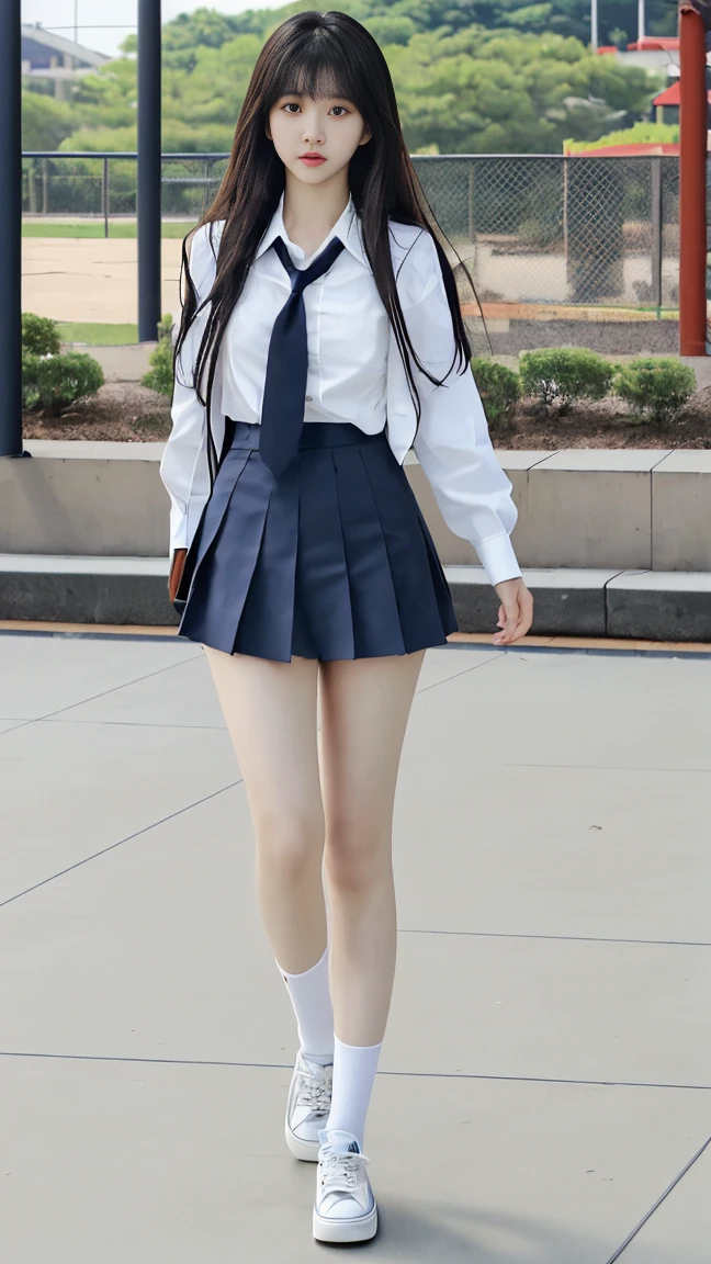 parks,On the grass,Stand up,1girll,Exquisite facial features,Perfect body structure,(Best quality at best,tmasterpiece,超高分辨率),(long leges:1.3),(Keep your mouth shut),(Light smile:1.2),(Expressive hair:1.2)(full bodyesbian:1.2)、(School uniform color:3)、Kurfo,(pleatedskirt:1.2),(Be audience-oriented),Face the viewer,(White tights:1.2),Stand up,posing elegantly,with hands behind her back