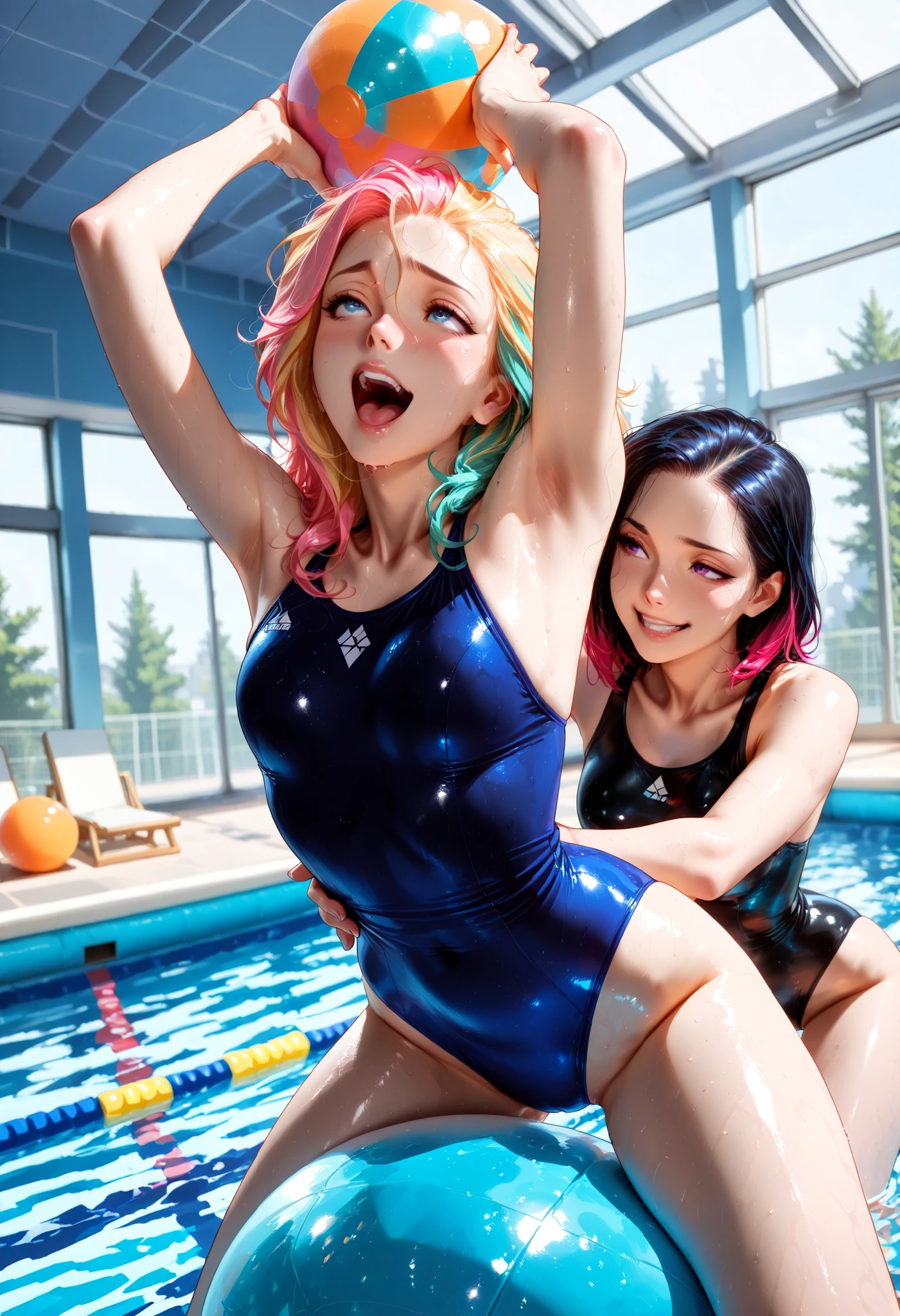 Smooth Quality, anime screencap, anime coloring, flat color, perfect, perfection, perfecteyes, EyesHD, Expressiveh, masterpiece, good quality, best quality, illustration, 2girls. (Two girls, Adult, petite, small women, messy bright color hair, beautiful eyes, wearing swimsuits:1.2). moist skin, soaked, sweaty. (They are inside their pool, at a inside pool). Seductive pose. moaning, orgasm, sexy, shy, shy smiling. detailed background, beautiful background. (Playing with each other, Playing around, cute, funny, playful, having fun:1.2). (Dynamic scene, Dynamic angle, dynamic pose, dynamic view:1.2). (Fully clothed, covered, SFW:1.2). (They are playing with a ball, inflatable ball, holding the ball, tossing the ball around, throwing the ball, throwing the ball around:1.2)
