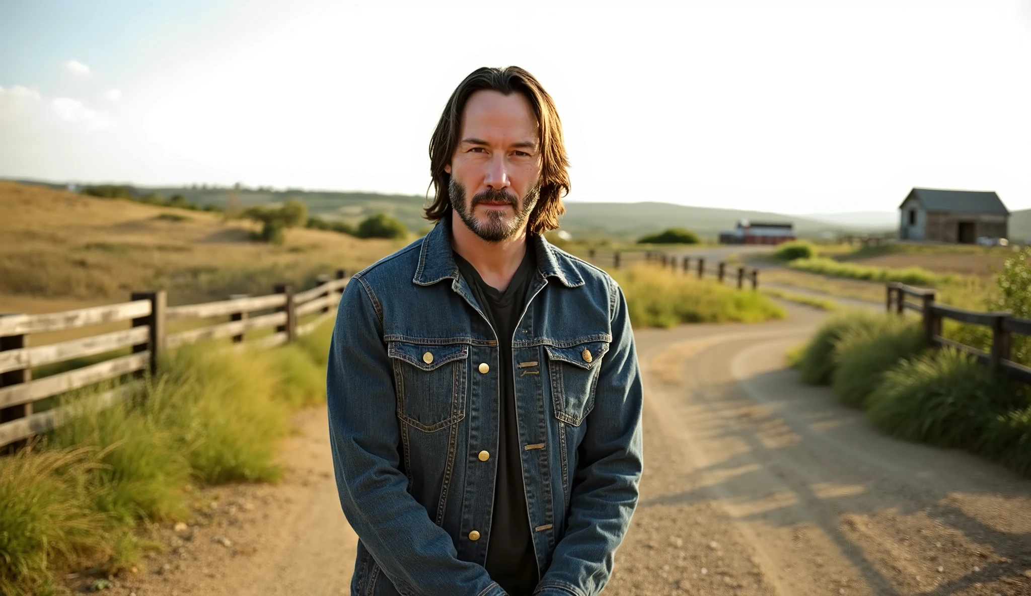 Photorealistic image - Keanu Reeves in farm clothes stands on his ranch. Approximate photography