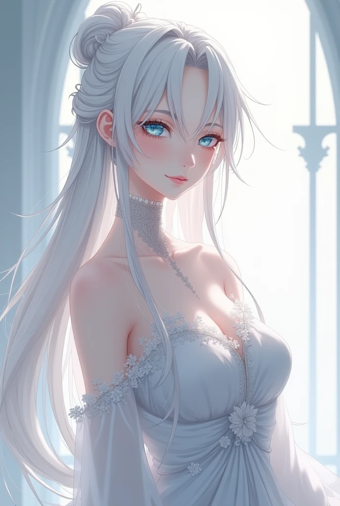 a women, white hair, purple eyes, white dress