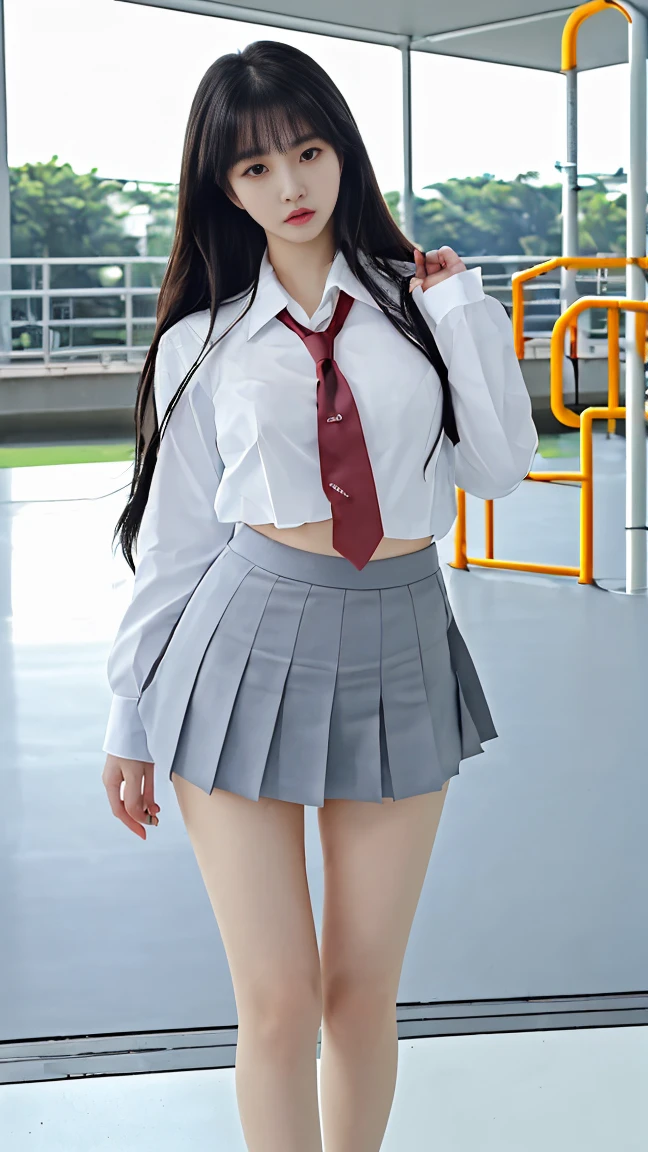 masutepiece, Best Quality, absurderes, (maturefemale), Large breasts, School uniform, Pleated skirt, White shirt, black thighhighs, Skirt lift, blush, Panties, thick thighs, Cameltoe, Cyberpunk, droid