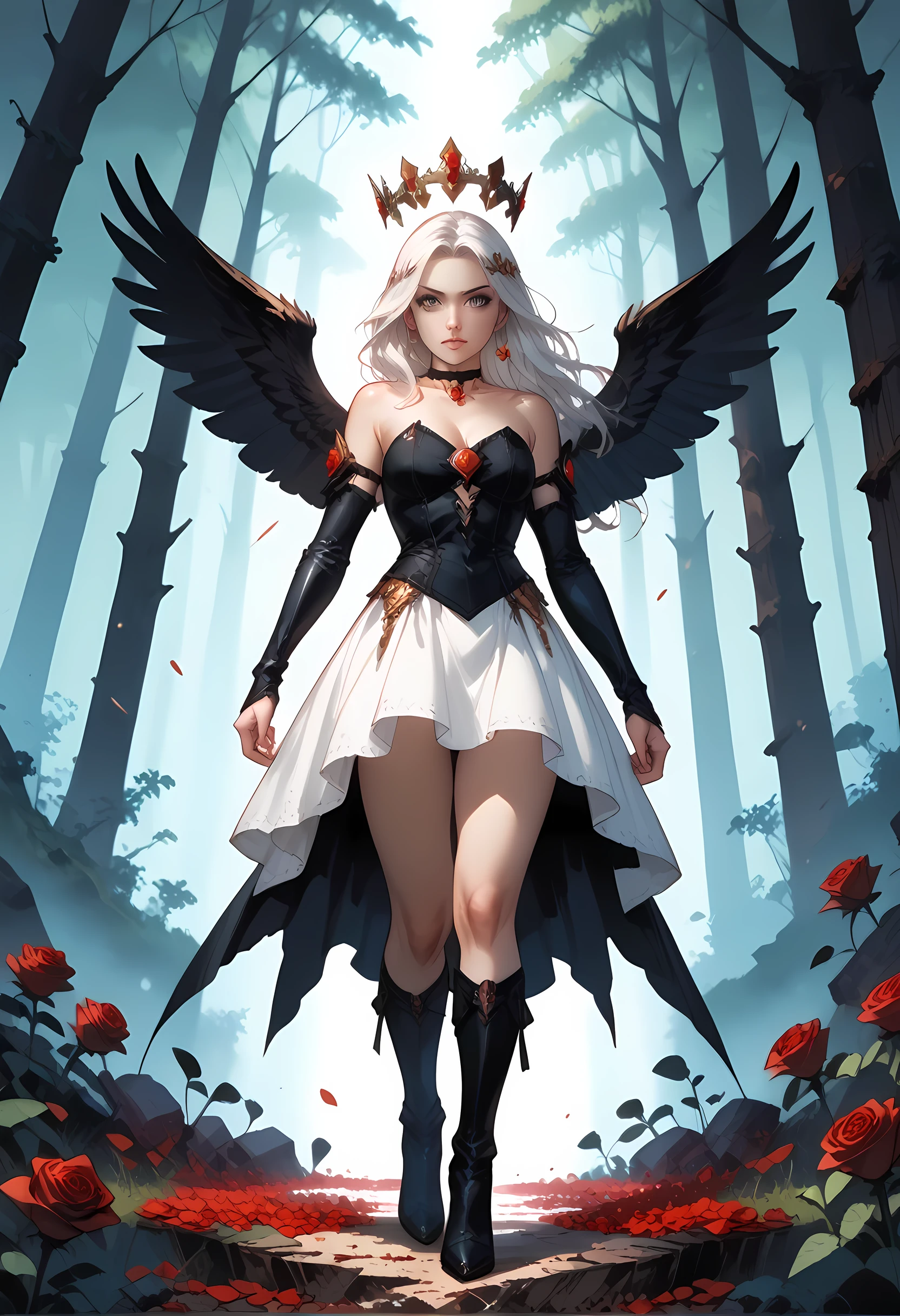 score_9, score_8_up, score_7_up, score_6_up, score_5_up, score_4_up,, anime comic illustration fantasy art, an of an a beautiful female angel standing in forest, red rose petals swirling around the angel, full body,  beautiful angel, long  hair strands, wearing intricate,  black leather dress, red roses are entwined on the dress, flowing rose petals, swirling rose petals, fantasy forest background, it is dawn the sun rays reflect on the angel, sun rays hit the rose petals, ((high contrast: 1.5), [[anatomically correct]], high details, best quality, 8k, [ultra detailed], masterpiece, best quality, (extremely detailed), dynamic angle, ice queen, LOAsuccXL, lace up stilettos, string choker, elbow gloves
strapless, commix style