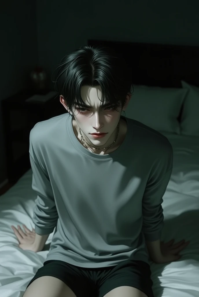 A male with teal blue eyes and long black hair with nice and delicate facial features. He is lying on a bed and wearing black gothic clothes. His torso is exposed. He is touching himself. He looks hot, sexy and seductive. His expression is erotic.