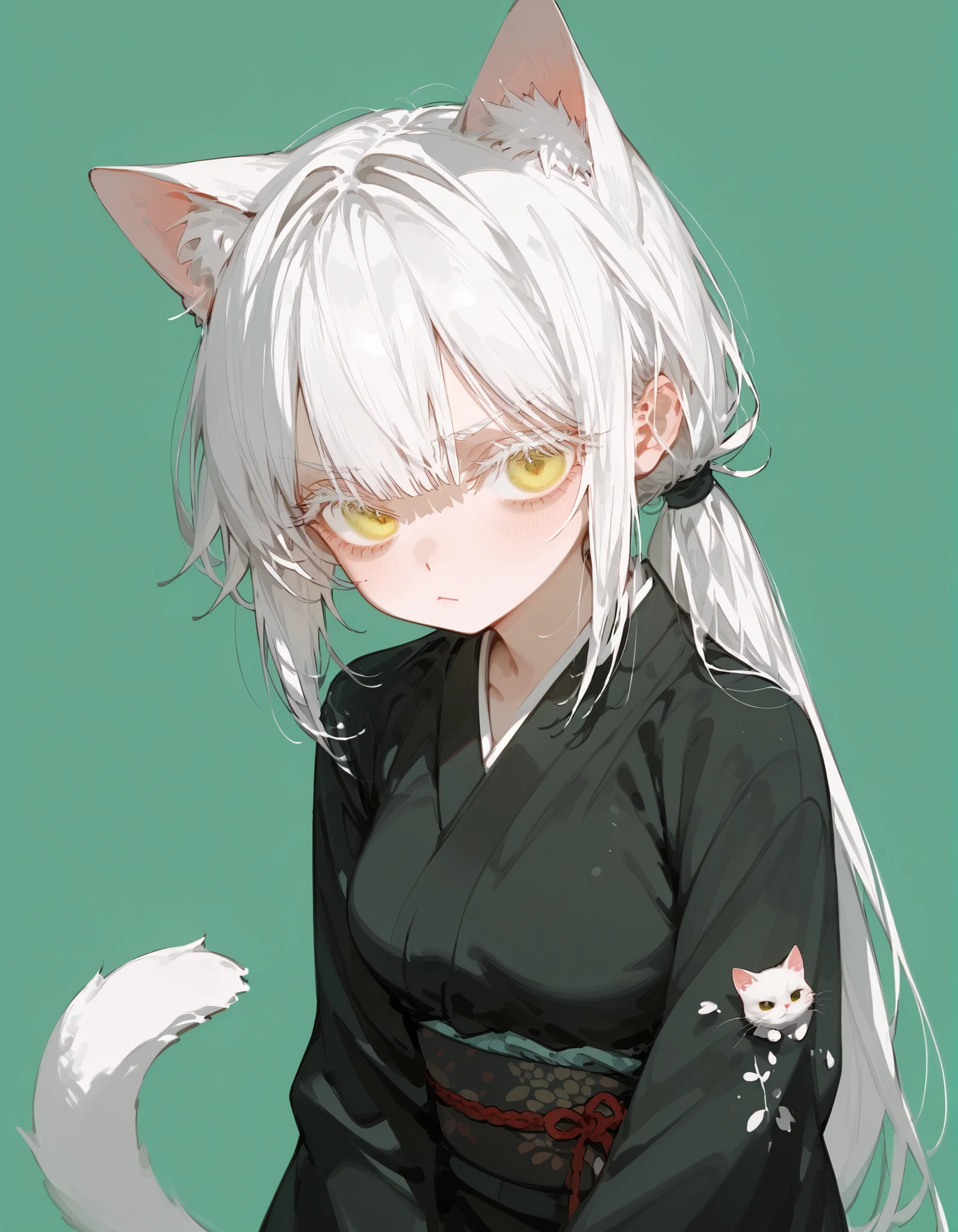girl,Cat ears,in yellow eyes,long hair,cute,kimono,,green background, white hair,Long Eyelashes,Has a long tail,Hair pattern,serious page,medium breasts,slim,Tomboy, low ponytail , Ghoul eyes,,Fierce face,pov petti head,shy,hand on head