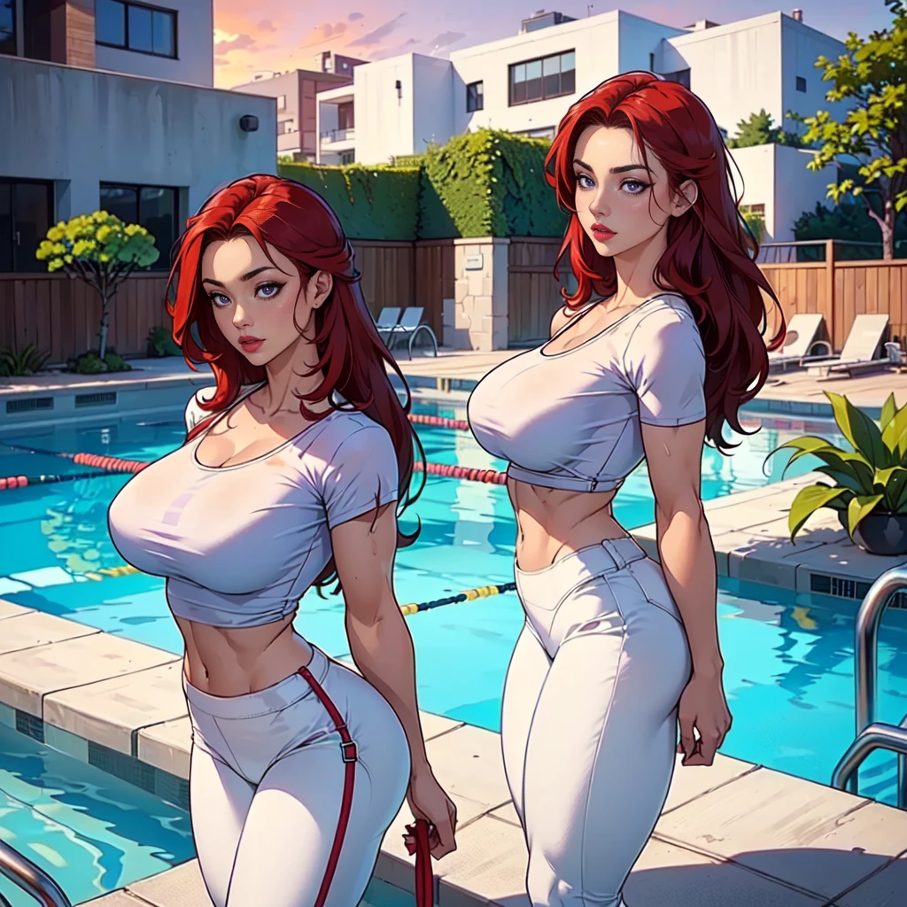Create a detailed scene of an athletic 40-year-old woman with vibrant red hair, styled in a high ponytail. She has a perfect face with soft skin, featuring light pink and red hues. naked breast, She is wearing a tight-fitting shorts, highlighting her large breasts. The setting includes lanes and running tracks visible in the background. The woman has a confident and energetic expression. She is standing straight with her breasts fully exposed and uncovered The perspective is from a high-angle view, as if the viewer is looking down at her, capturing her in a bold and revealing moment. The entire scene should be in an oil painting style, with 8k resolution to capture the essence of a masterpiece.