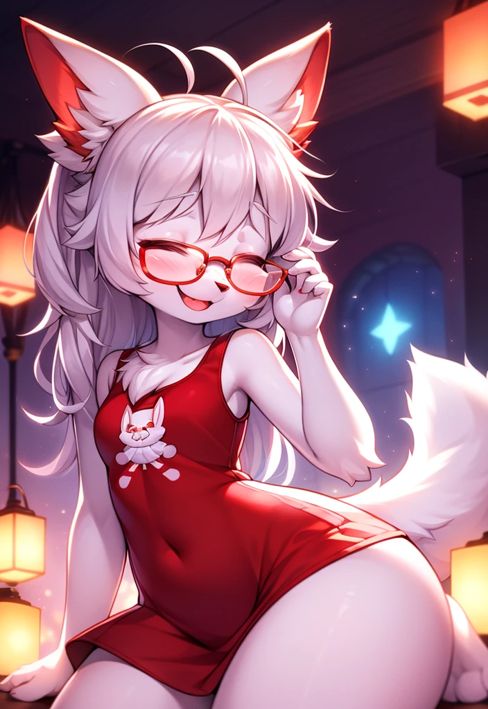 best quality,best resolution,(fluffy anthro furry :1.6),(young :1.6),rabbit girl,small breasts,white hair,long hair,messy hair,red eyes,glistering eyes,sparkle eyes,white rabbit ears,white rabbit tail,white fur,naked,glasses,red ribbon bowtie,red ribbon hairpin,romantic light,luxury bedroom,night,moonlight,building,(purple sky),looking at viewer,full face blush,heart eyes,heart expression eyes,plenty pussy juice,passionated face, on bed,girl on top,fiercely sex,brutal sex,vaginal sex,smile,drool,hand at mouth