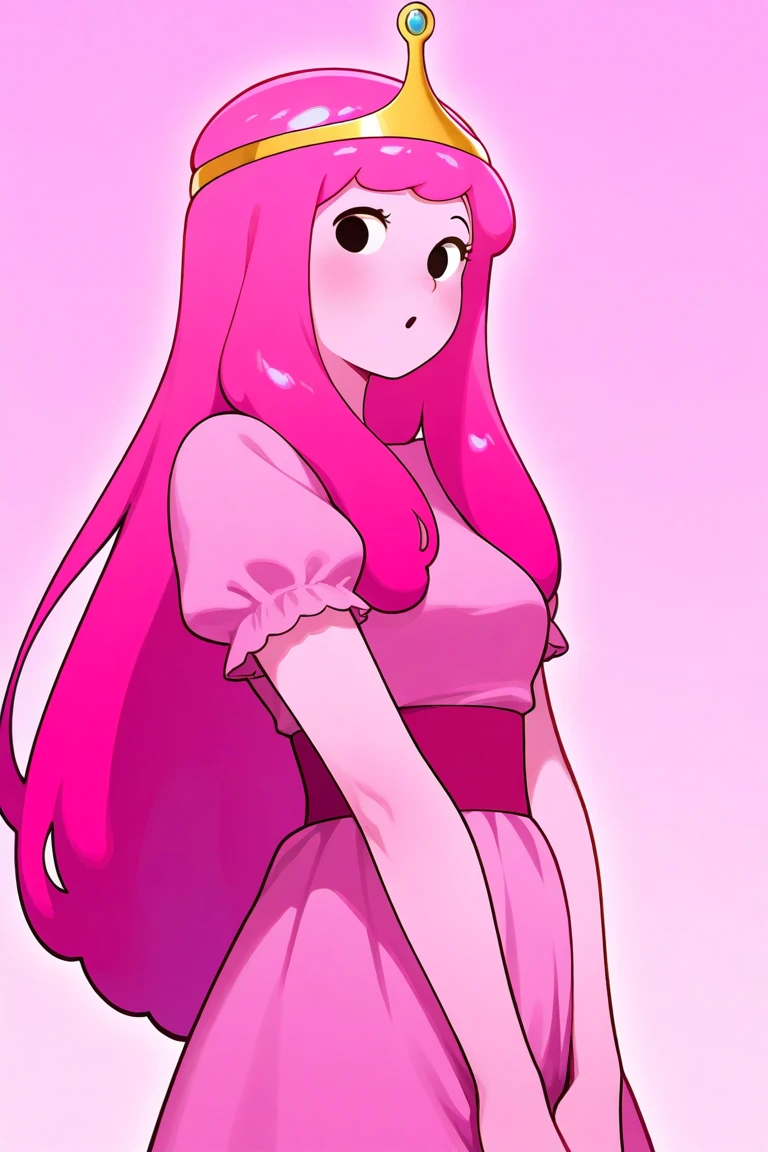 Princess Bubblegum, pink fur, by the wide, violet-colored skin, The skin tone is violet, pink dress, annoyed, lifts her dress with one hand to reveal her sexy purple panties, purple thigh-high stockings, garter belt in each stocking, flushed, from below, POV: I look at her, in a candy castle, candy everywhere. 