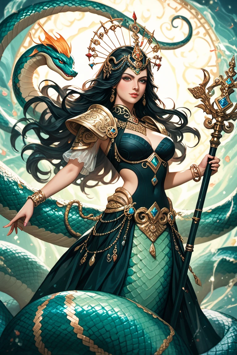 The Triumphant and evil serpent goddess, Echidna, she has stunningly beautiful face, long dark hair, very attractive body and limds, her eyes shine like ice with ruthlessness and sneer, she is very cunning and brutal, she is mocking at the sight of destruction, Greek mythology, Savage and primitive atmosphere, description of ultrra-accurate hands, super detail, Photorealistic, masutepiece, 8K