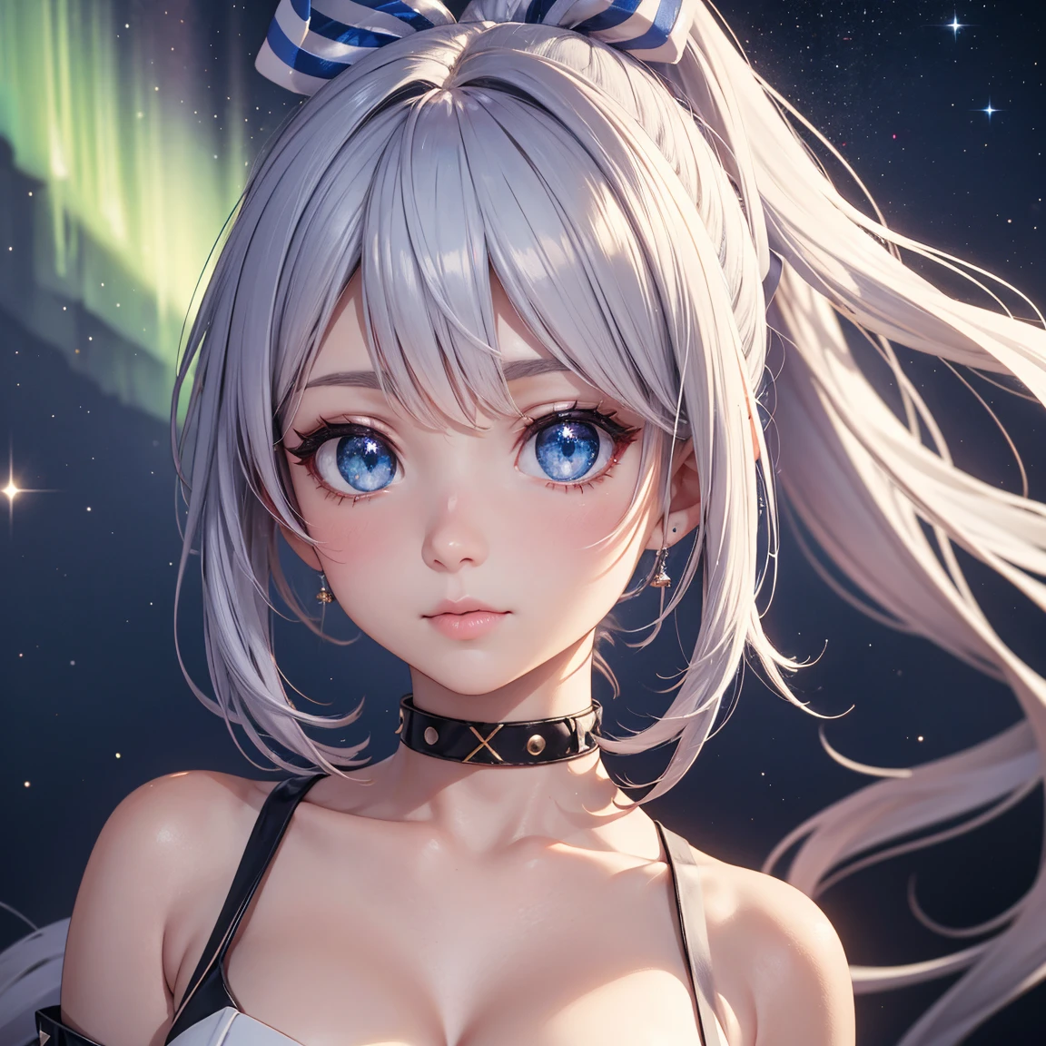 masterpiece,best quality,1girl, blue_eyes, choker, crop_top, long_hair, looking_at_viewer, midriff, navel, night, night_sky, open_mouth, shooting_star, sky, solo, star_\(sky\), starry_sky, <lora:lumi:0.8>