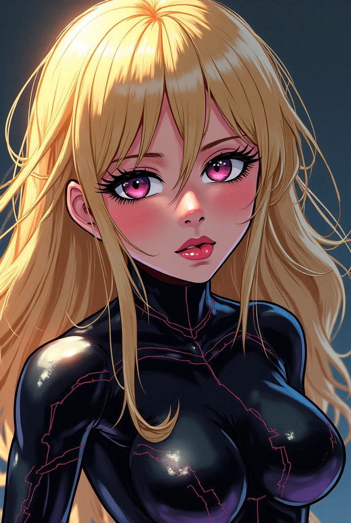 A (young) girl, with curly blonde hair, violet eyes, pink lips, a tight black jumpsuit with a low neckline, a cat ear headband on her head, a black domino mask, being fucked by a man dressed as Spiderman. (detailed)