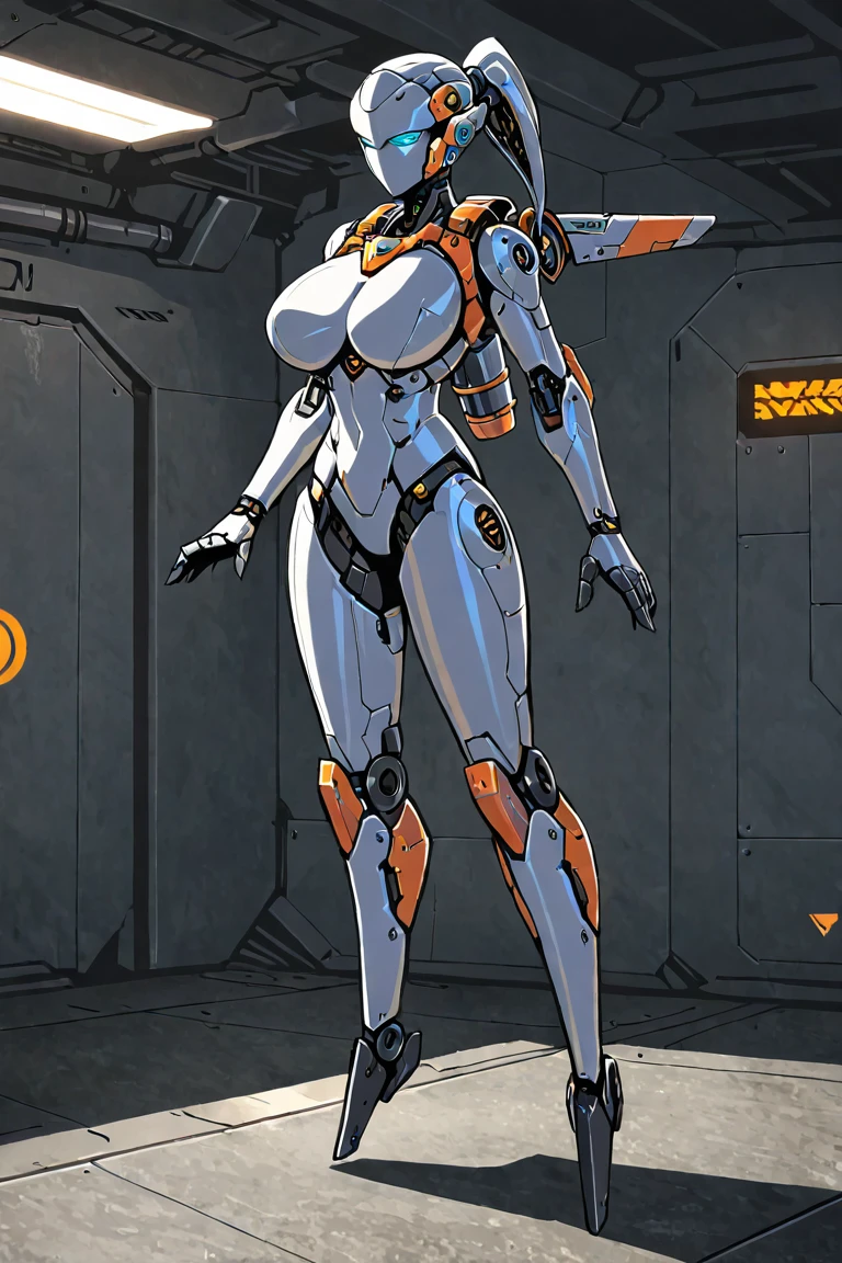 8k ((full body view:1.4)) (large eyes:1.3), defined cheekbones, 1woman, ((woman has no face, ((sleek silver bodysuit:1.6)) (detailed face:1.5), silver skin,(puffy lips:1.5) (silver skin:1.6), (bald woman:1.7), (skinhead) ((stands confident)),(Muscular:1.3), ((gigantic breasts:1.5)) ((side view:0.6)), )highly detailed, majestic, digital photography, art by artgerm and ruan jia and greg rutkowski, ((metal wings on back)), (masterpiece, sidelighting, intricate details