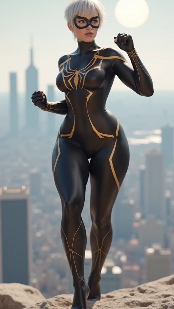 HD, dark skinned, female, age 18, humanoid, honey, afro hair, Jackie Parris, ((((Jackie Parris)))), thicc build, smiling, full body cgsociety, 3 d character art, full character body, detailed full body concept, stylized character, spider-man gold and black costume, mask