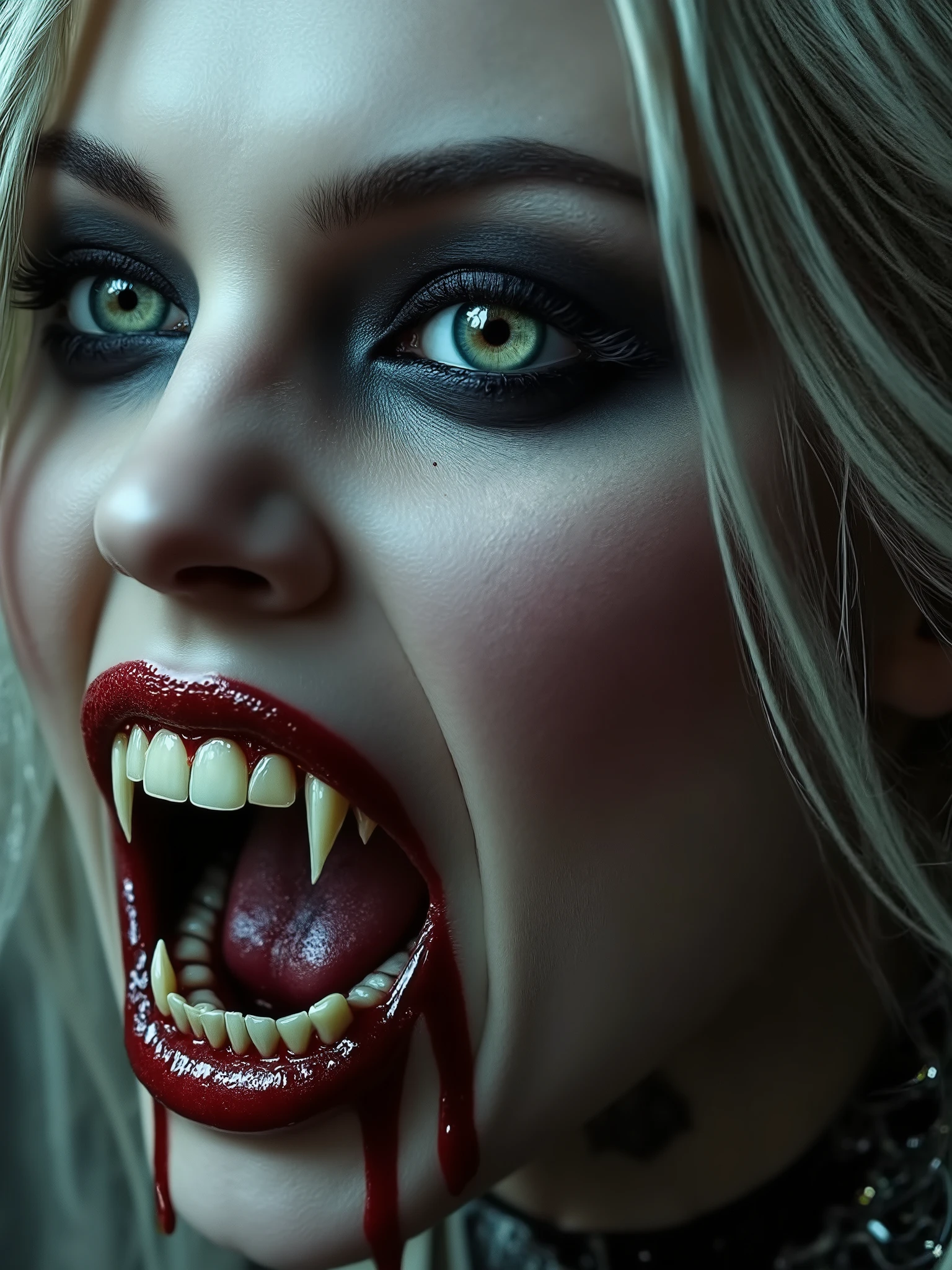 Create an image of a mouth gaping vampire woman with detailed silver hair, green eyes, long vampire teeth, red blobs drops at lip and teeths, adorned with intricate ear jewelry. The vampire woman has a tattoo or design on the skin that is elaborate and possibly symbolic. The attire includes dark elements and metal details that give off a gothic aesthetic.((( big hips,44dd natural perky saggy breast)))