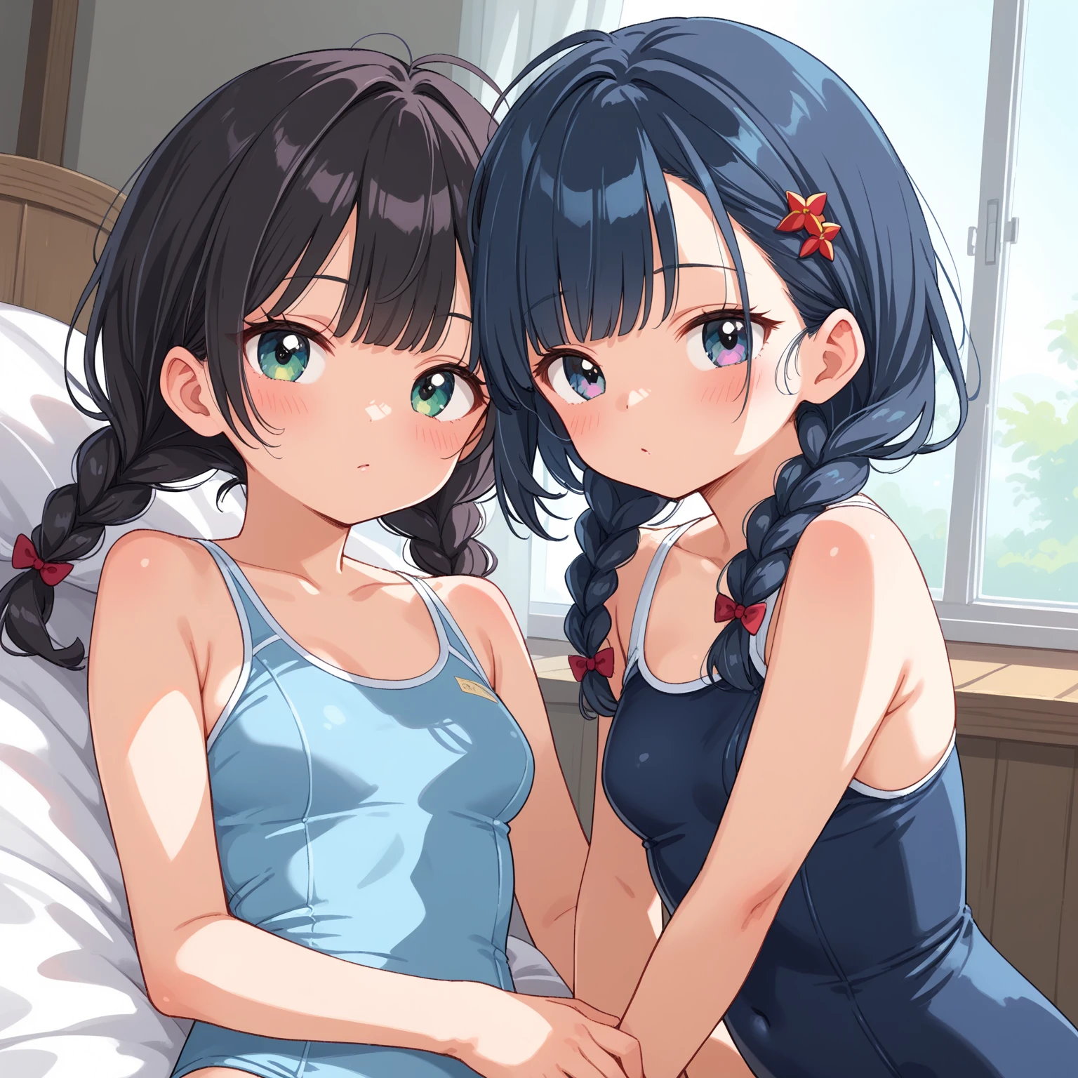 front view,2girl,Beautiful girls aged 12 and 11,two people standing side by side,Japanese,Small and slim,Flat Chest,Small breasts,Baby Face,Small face,Row Twin Tails,Black eyes,Drooping eyes,middle School girls,Summer clothes,open mouth,tongue out,front face,Kneeling and sitting,Beautiful and detailed anime art,Mischievous smile,front view,high angle, looking at viewer, looking ahead, from above,face focus,Sexy vibe,cum on tongue,Dimly lit room,On the bed