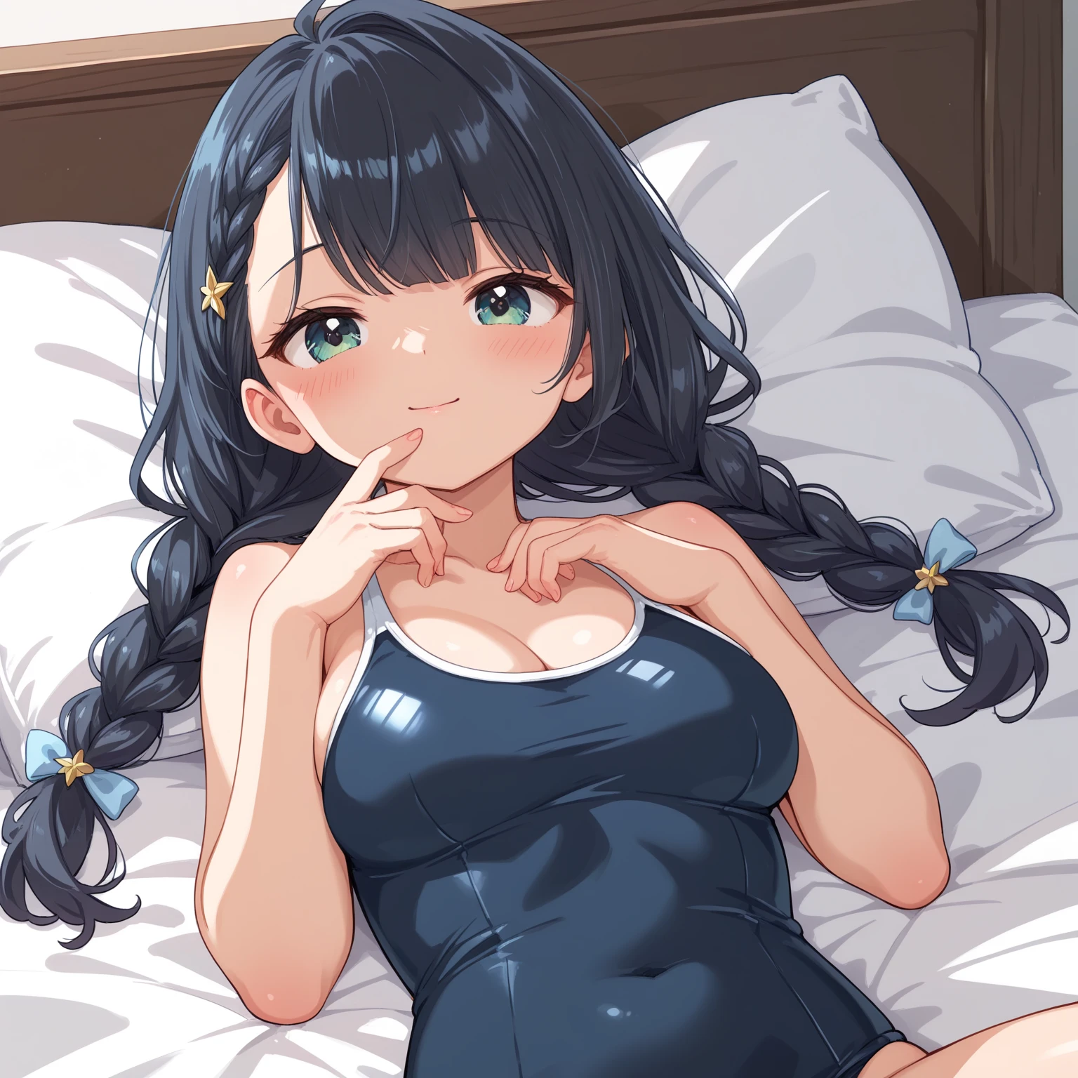 1 girl, long straight hair, cowboy shot, 4K, professional photos, HDR, detailed face, school swimsuit (full coverage swimsuit), Lying on the bed wearing sukumizu, lying down shamefully, There is sweat, breath, masterpiece, (light), beautiful background, realistic background, realistic photo
