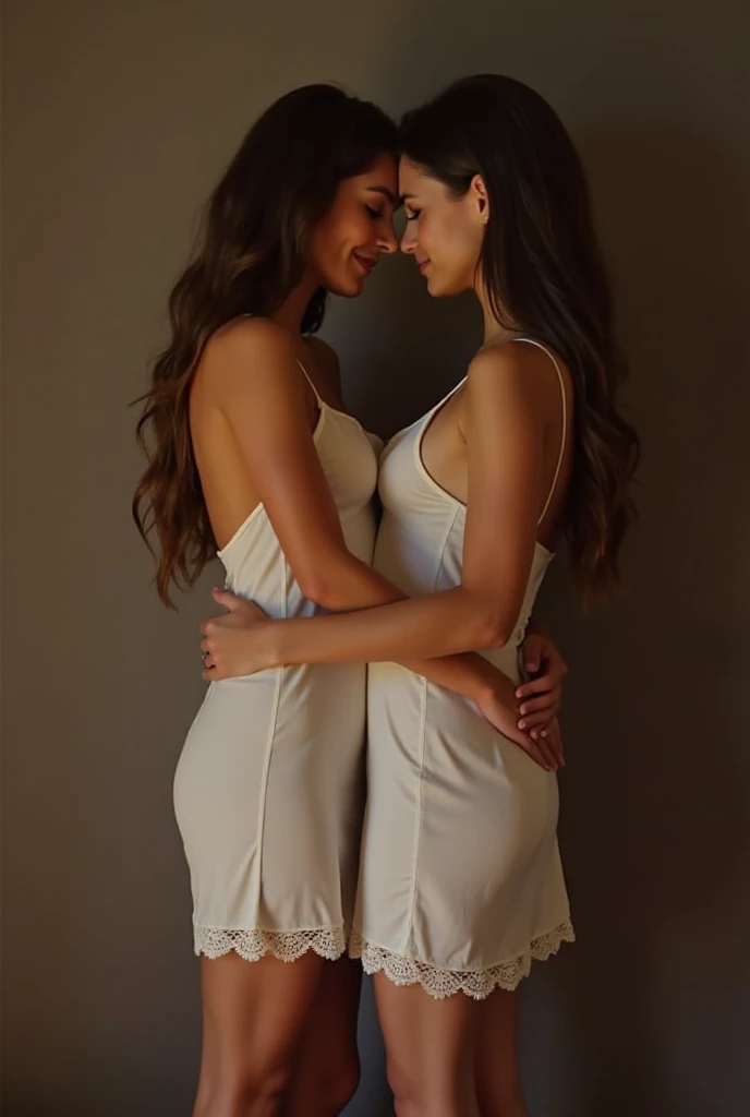Two women standing and hugging each other and looking directly at the camera dressed in white that they lift with their hands and reveal their white panties