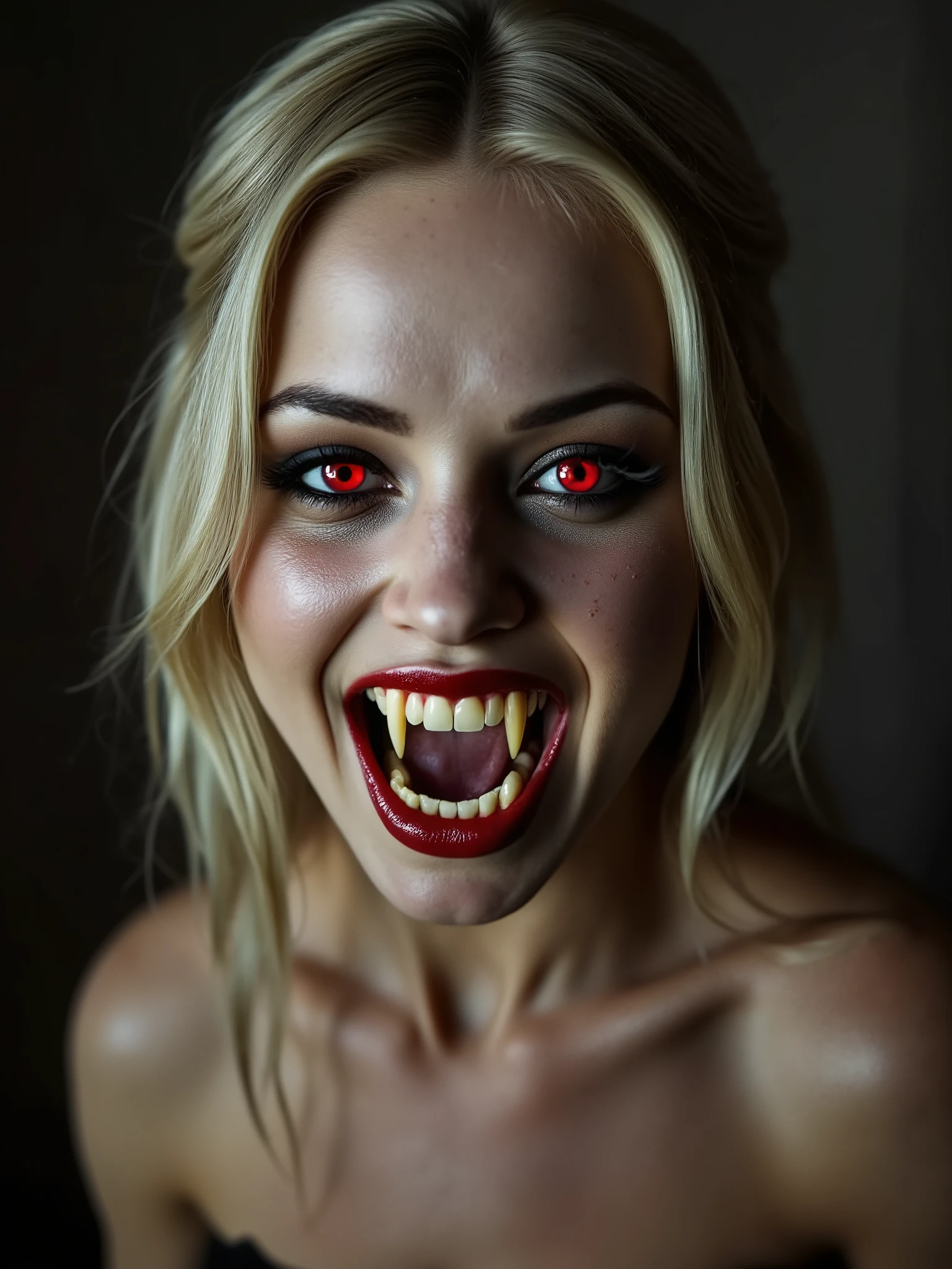 Scary Gothic old queen vampire is smiling, showing her fangs, straight long blonde naît with bangs. full muscular body, 44dd natural perky saggy breasts. deep scars all over Her body!, ((abs cubes)), sexy body, red blood eyes, big lips, ((muscular)), very big eyes