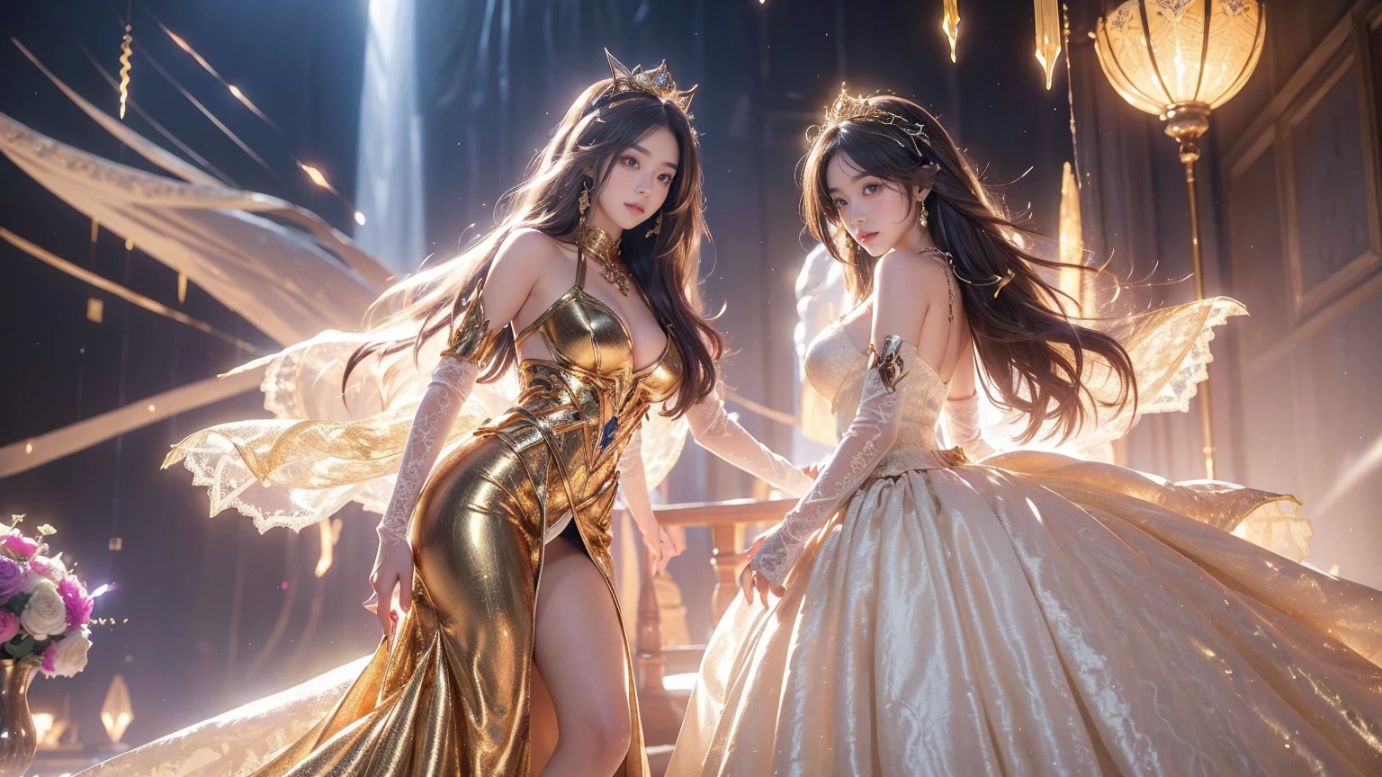(couple cuddling) rough man Zeus muscular naked, beautiful, sexy, big breasts, cleavage, bare legs, see-through, standing, hanfu, wet, clear, realistic, highest detail, Chinese mythology, dragon pattern, phoenix, sacred, holy, golden mountains, heavenly palace, countless palaces, clouds, golden light