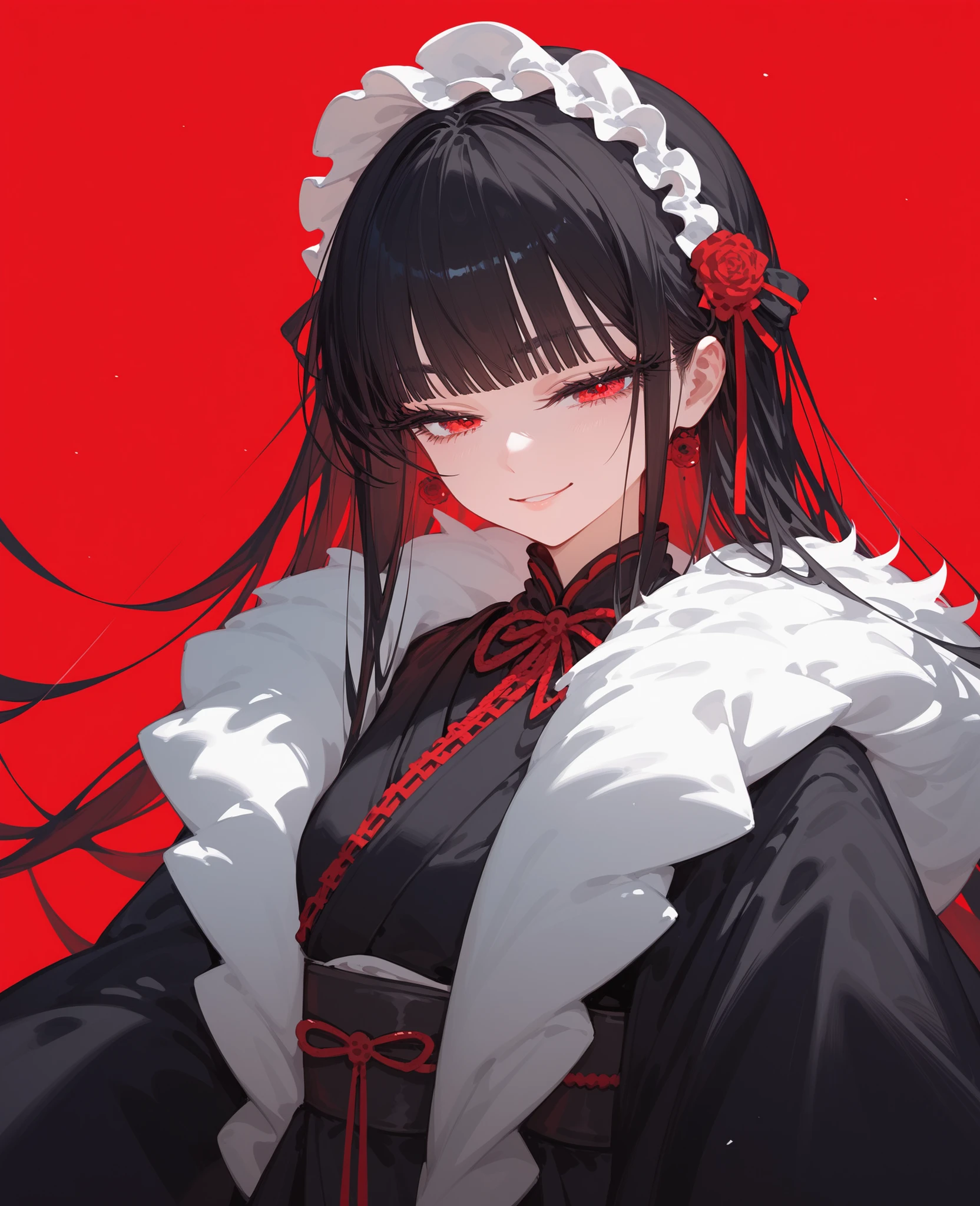 ,ผมสีดำ,in red eyes,long hair,, wear gloves,Fierce face,Long Eyelashes,Oversized coat, black hair,light red background,cute,Kimono , gothic ta , half eyes,smile