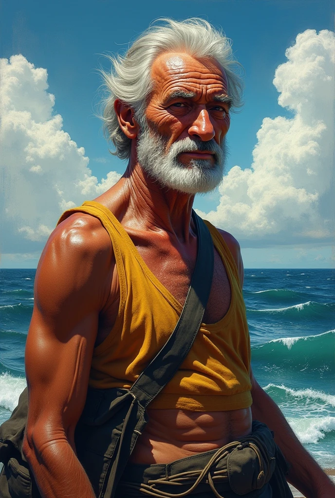 GENERATES A FISHERMAN IN THE 1800'S JOSE OLAYA LOOKING AT THE SEA ABOUT TO SWIM 2 KM WITH A SCARF ON HIS HEAD without a beard