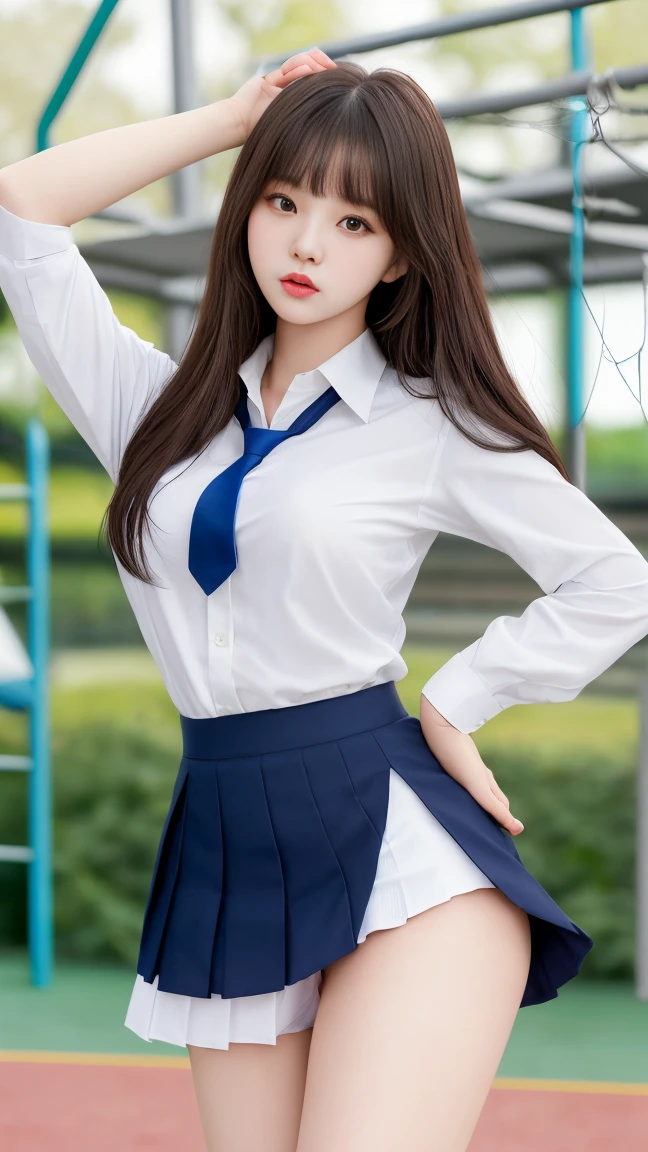 1womanl, (middlebreasts), light brown hair, Blunt bangs, hair behind ear, hair over shoulder, (Long hair),wetting hair,( slender body shape ,toned waist), (Ultra Fine Face), Delicate lips,(beautidful eyes), thin blush, Brown eyes, (shinny skin :1.3),hide one's hands,(white shirt, Dark blue tight skirt),(Japan Schoolgirls),Smile,,bustshot,(bamboo forrest:1.5)