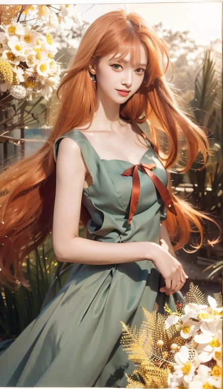 HD, (best detail) (Best quality), Red-haired woman poses for a photo,Long red hair and green dress, Mature and gorgeous, Natural light and shadow
