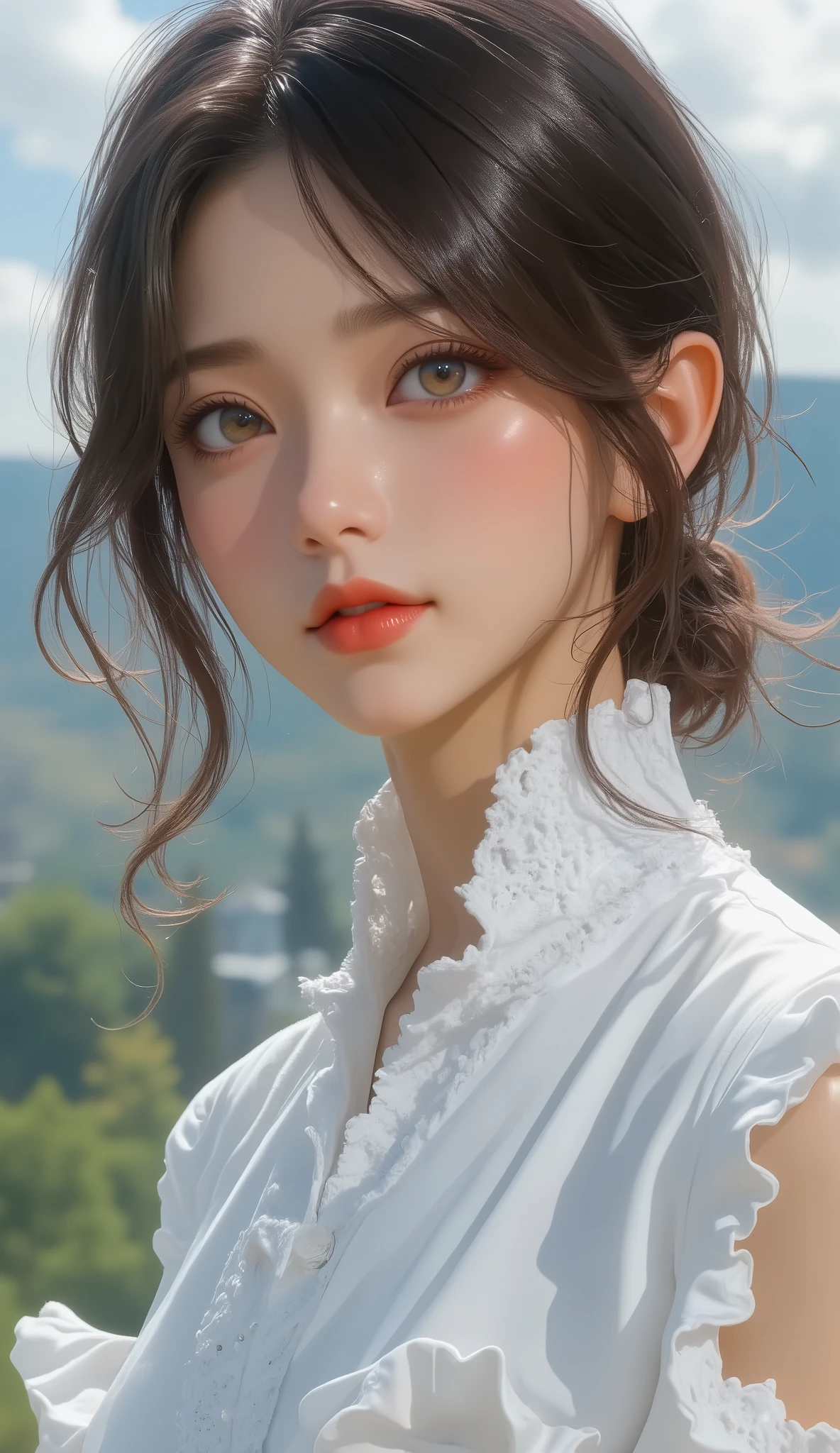 RAW photo, Staring at the Camera, ((Best Quality, 8k, masterpiece: 1.3)), sharp concentration: 1.2, white shirt, Beautiful Features, best smile, cute smile,  perfect style: 1.4, Slim Abs: 1.2, dark brown hair, (natural light, Town Town : 1.1), extremely detailed facial and skin textures, detailed eyes, double eyelid