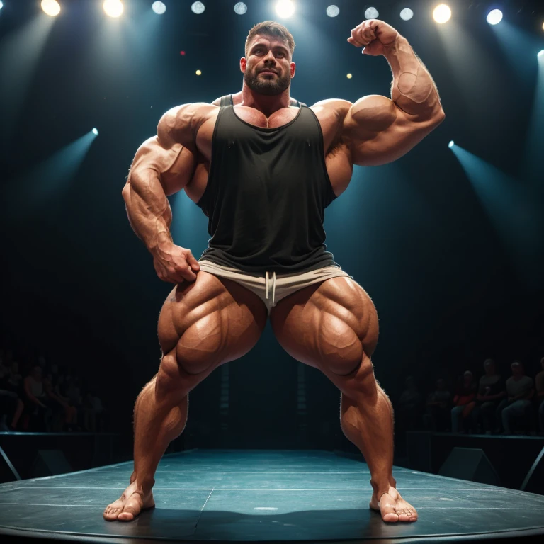 There is only one handsome Asian actor in the photo,35 years old,High target, Fitness,short hair, O-Shaped Beard,Perfect body, Dark skin color,Radiant Skin,Smooth skin,Muscle bulge, muscular, Very large pectoral muscles,Very sexy abdominal muscles,Very well-developed leg muscles,Huge concave and convex area,Brightens oily skin,Wearing black leather shiny thong,Handsome face, Correct and accurate male body proportions, Wear black socks,Standing on a gray background。