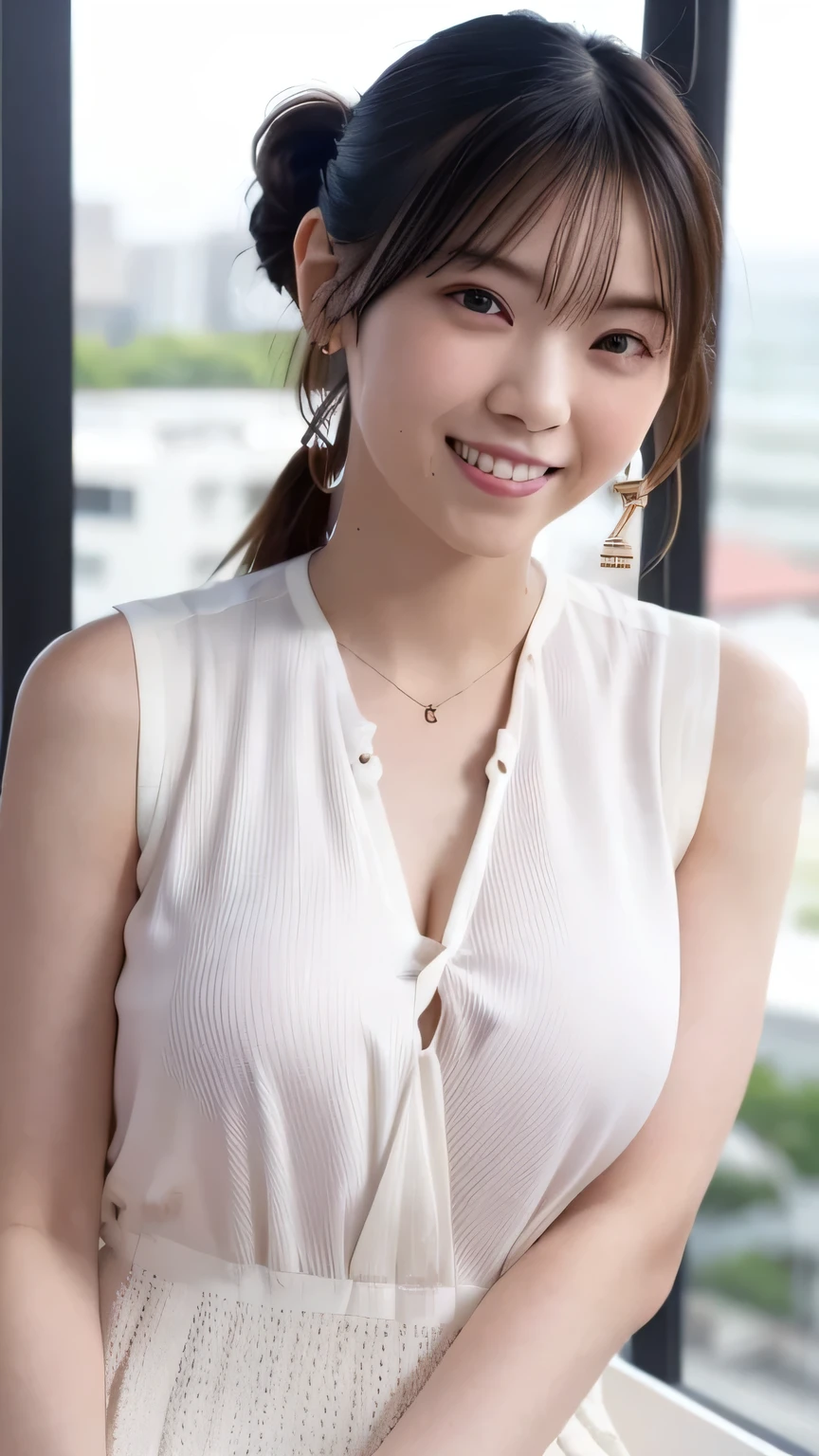 highest quality:1.3, masterpiece, Ultra-high resolution, realistic:1.3, solo:1.3, ((Clear Face)), sidelighting, cowboy shot, (looking at camera:1.3), white background, (t-shirt lift), show nipple, standing, (big busts), smile, arms behind back