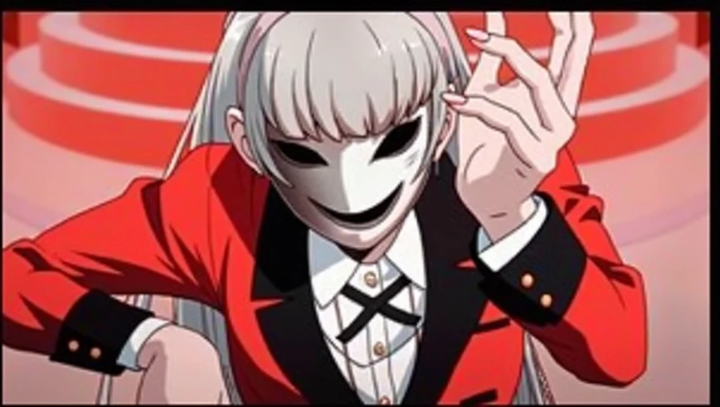 1 girl, dark white hair, villain, smile, psychopath, psychopath smirk, straight hair, (((noble cloth))), short skirt, white cloth, white poker mask, white tuxedo, masked, with mask on face