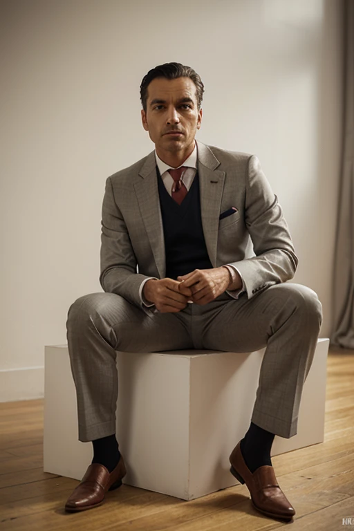 naughty man, 25 again, Scrawny, baldie, formal outfit, chic, suit, social shoe, sitting on the stairs, casa chic, millionaire, luxury house