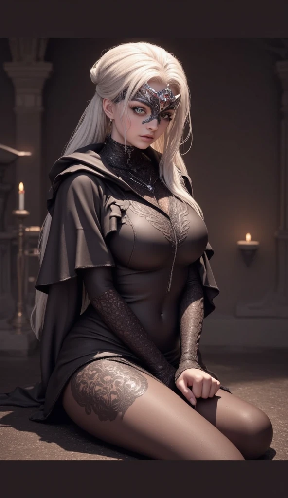 8K,超realistic,(table top, highest quality) Daniela Dimitrescu, 1 female, gray hair,looking for at Viewer, open your mouth, blonde hair, background, cleavage, skin that looks real,jewelry, Medium Small Breasted, underwear, looking for, Upper body, flower, wing, teeth and fangs, hood, necklace, cape, good, compensate, bug, Lipstick, inside the black cave, precious stones, white skin, veil, hood up, realistic, black lips,Super high resolution,Purple Flame(Purple effect),very big breasts,rich colors, Backlight, cinematic lighting, film grain, born, 50mm lens, Nikon D850,realistic skin,golden eyes,
