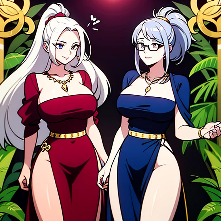 Body position: Standing, straight, symmetrical, barefoot, Lustful smile on face with red blush, 2 girls who gets married and stands in front of many people, kissing, purple skin drow elves
