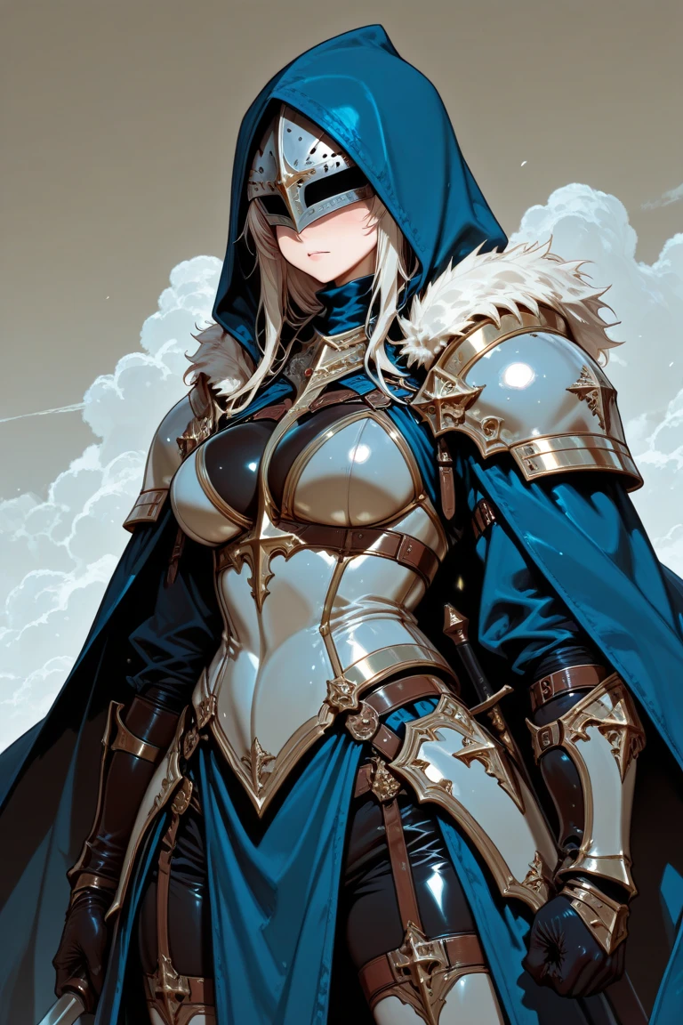 Mujer paladin, (armadura blanca cubierta por tabardo azul y rojo), (cabello largo), ((pelo dorado)) Ojos azules, mirada Curiosa, Guardia medieval, fuerte, ((armadura medieval)), [[[obra maestra]]], cuerpo completo