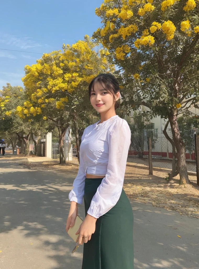 School teachers is 30years old.Tall, thin, big hips, big breasts, black hair, small lips, brown eyes, attractive, K.Top=white Burmese blouse,With long sleeves,Buttoned at the side.Bottom=(Dark green) long skirt.
Footwear=female Burmese sandals,The hair is knotted bun.Hijab