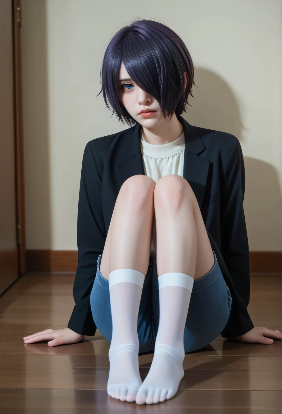 highly detailed, ultra-detailed, finely crafted features, Cinematic lighting, photorealistic, Moody Atmosphere, a young girl, ((short blue-purple hair covering left side of her face: covering one eye)), ((blue- purple eye)), calm face features, Beautiful face, Accurate proportions, White shirt, Gothic neck, black jacket jeans, Black short jeans, white stockings, sitting on the floor in sadness, home style, 8k, dark lighting , masterpiece ((kirishima Touka from Tokyo ghoul))
