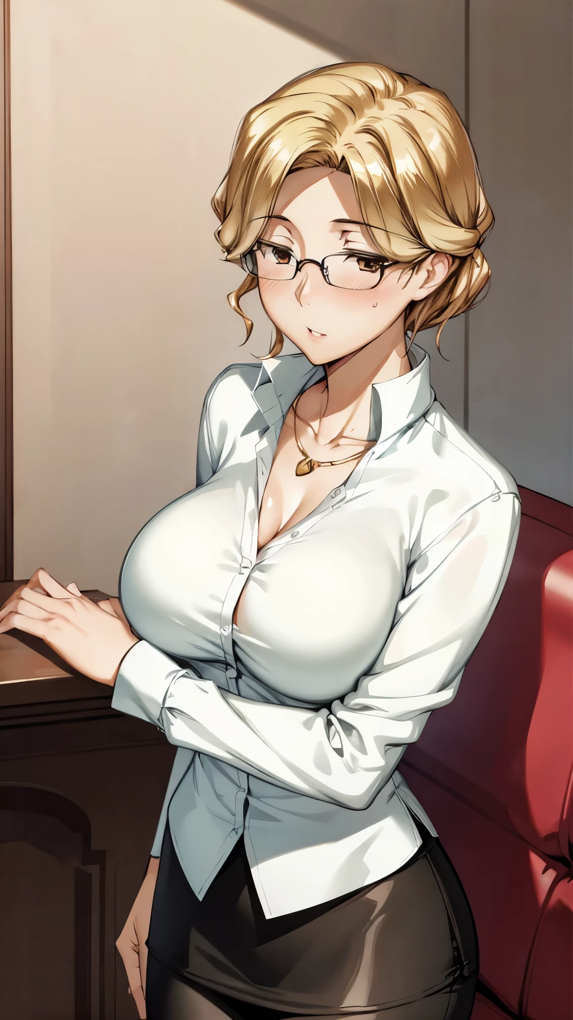 1girl, mature woman, milf, blonde hair gigantic breasts, cleavage, wide hips, big ass, thick thighs, teacher, tight black pencil skirt, tight white blouse, open blouse, black lace trim stockings and garter belt, black lace bra visible under shirt, black high heels, gentle expression, kind smile, sitting on desk, crossed legs, masterpiece, high quality,