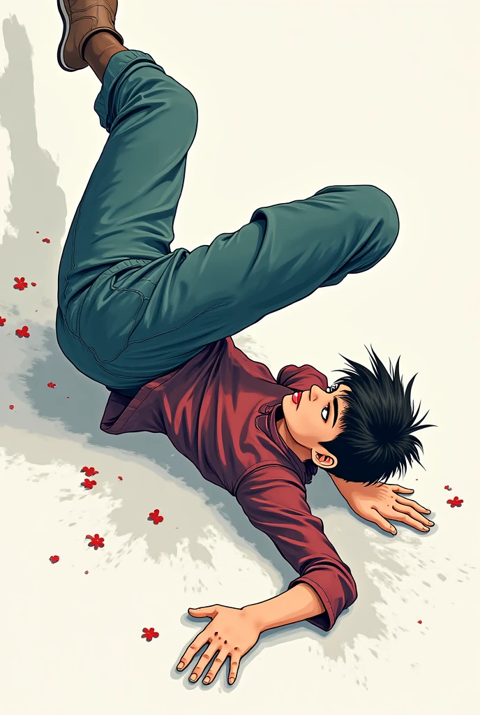 Novel cover,Sad man kneeling on the ground with his back to the screen,The man is in the lower center of the picture and takes up one sixth of the screen.,Spread your hands,Head looking up to the sky,Red liquid flowed from the palm of his hand and spread around the man,Pixel Style