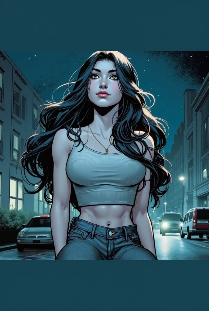 Make it a white skinned girl, Brown eyes, black fur, long and smooth, The clothes are a white top and a short black skirt., black heels, very big nipples and her big ass, Her nipples are very big and at any moment they slip out of her top and her skirt is so short that her ass sticks out.